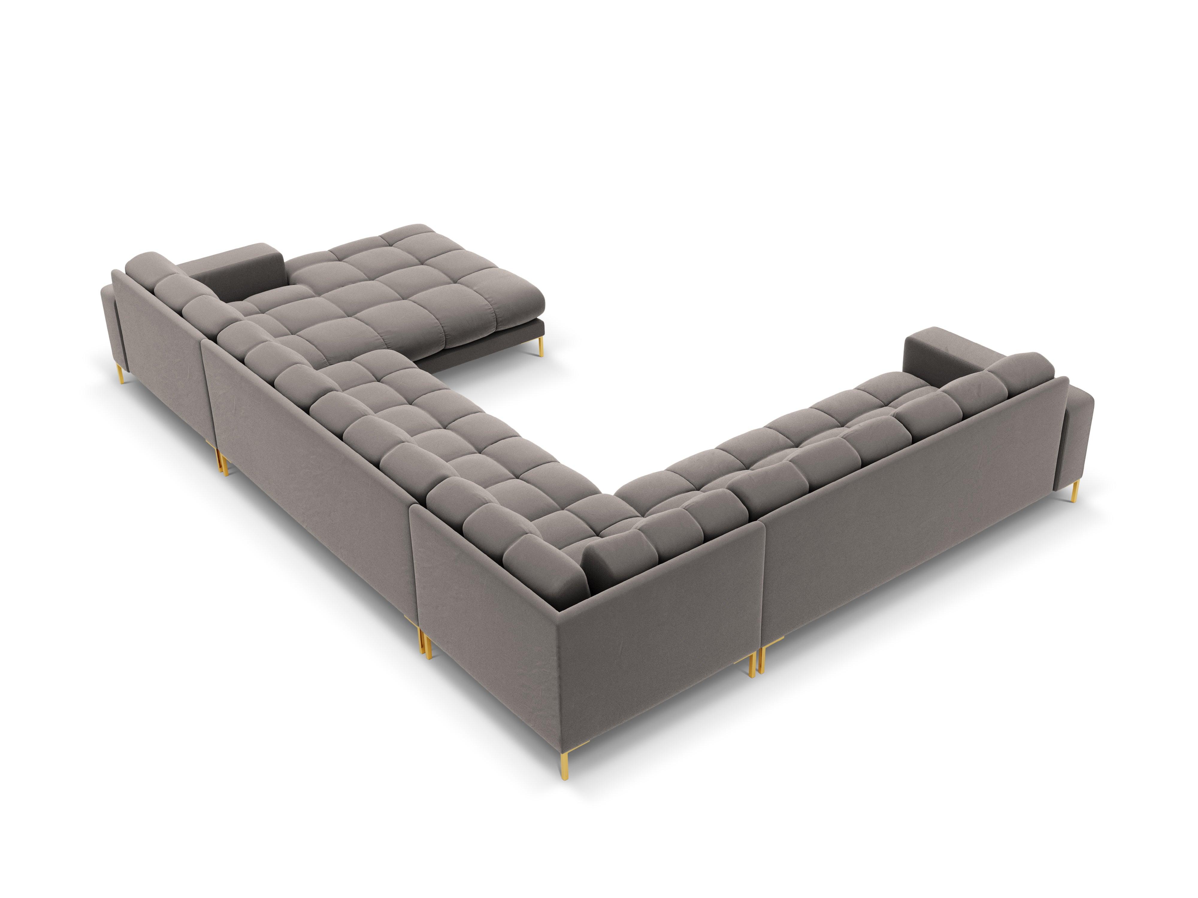 Sofa aksamitna panoramiczna lewostronna 7-osobowa BALI jasnoszary ze złotą podstawą Cosmopolitan Design Eye on Design