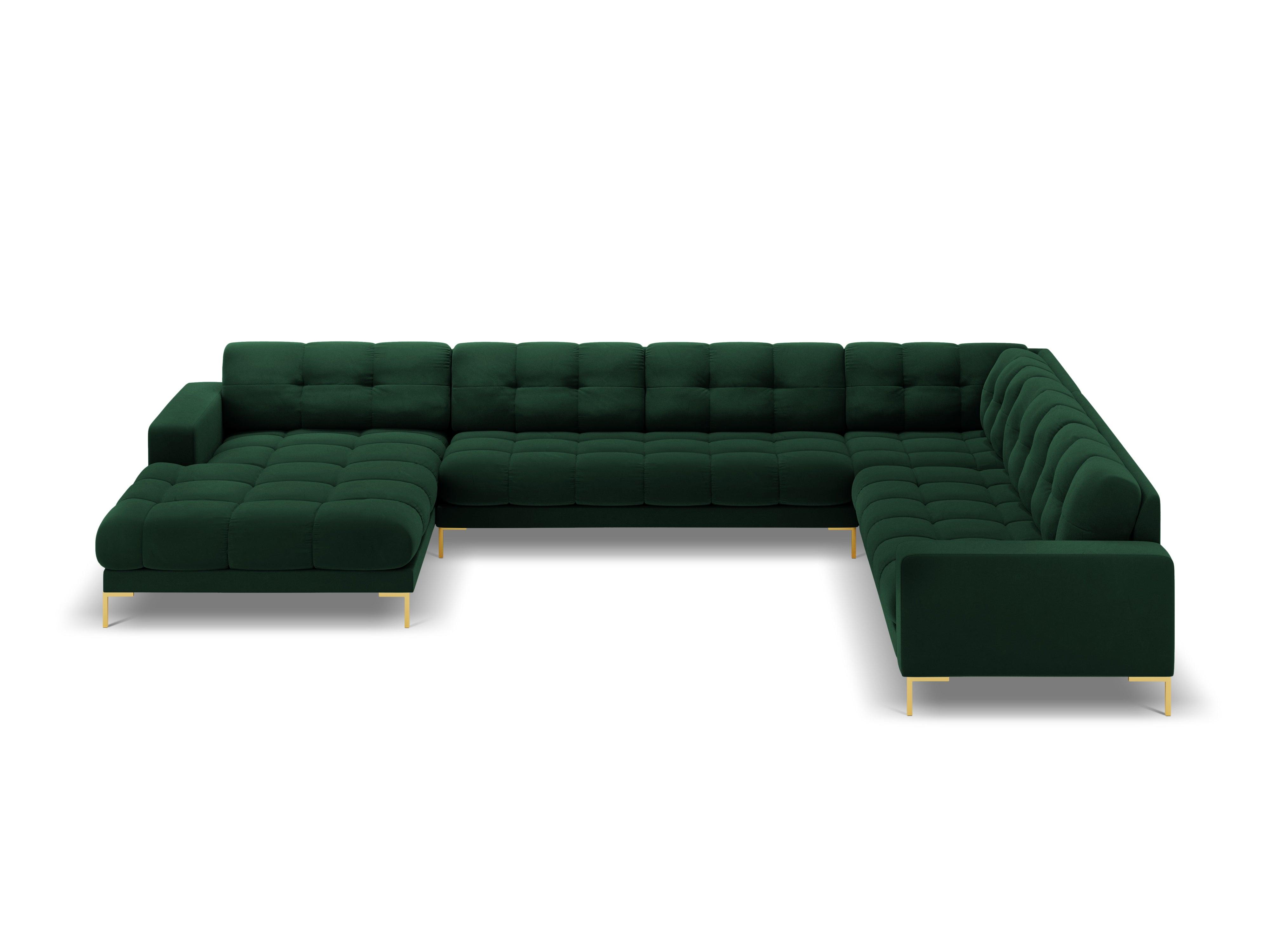 Sofa aksamitna panoramiczna prawostronna 7-osobowa BALI butelkowa zieleń ze złotą podstawą Cosmopolitan Design Eye on Design