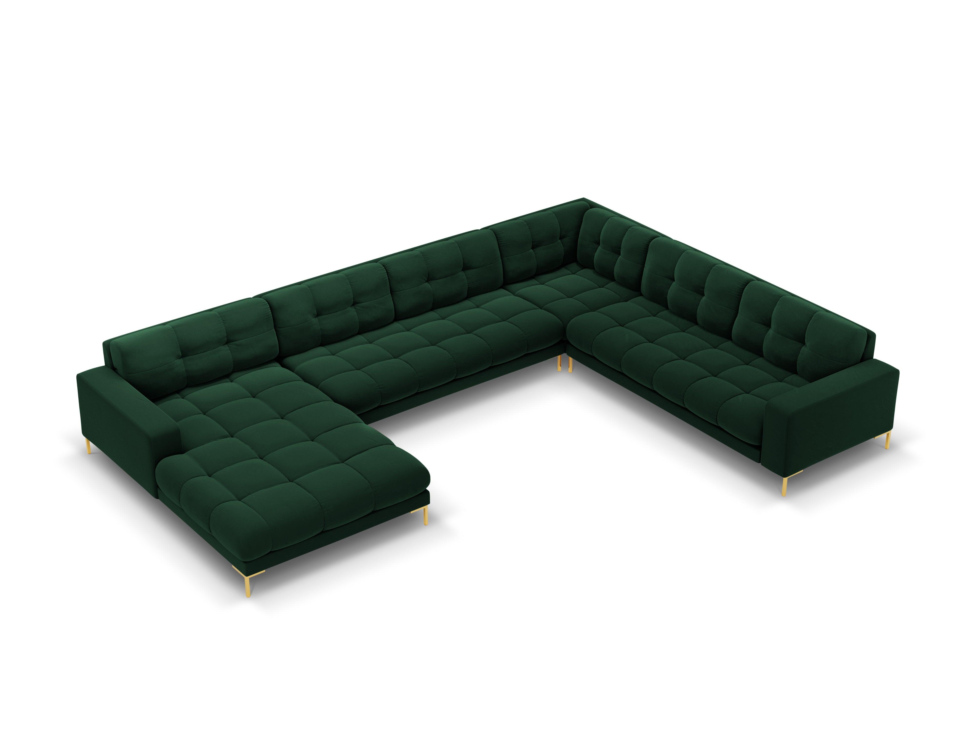 Sofa aksamitna panoramiczna prawostronna 7-osobowa BALI butelkowa zieleń ze złotą podstawą Cosmopolitan Design Eye on Design