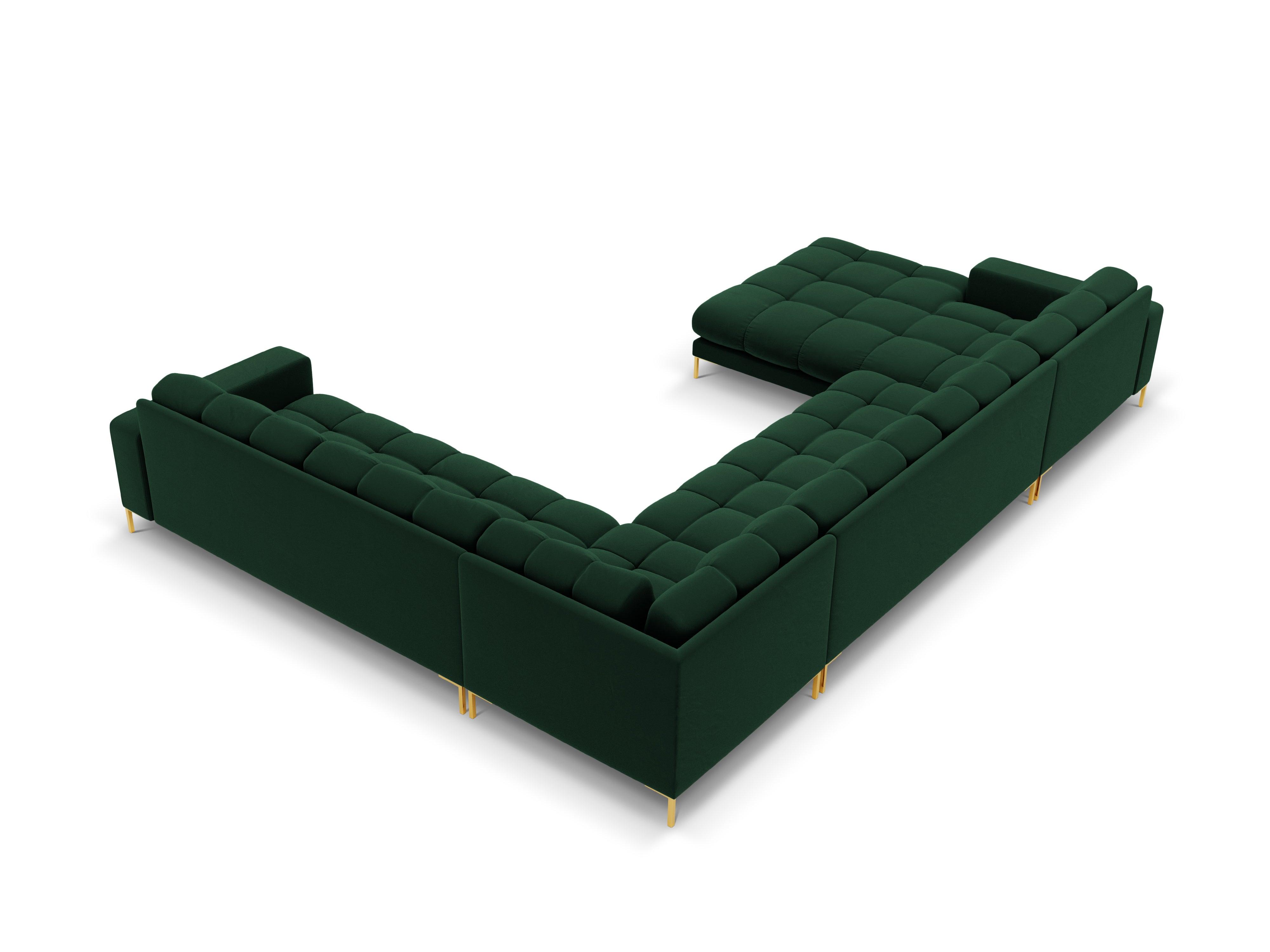 Sofa aksamitna panoramiczna prawostronna 7-osobowa BALI butelkowa zieleń ze złotą podstawą Cosmopolitan Design Eye on Design