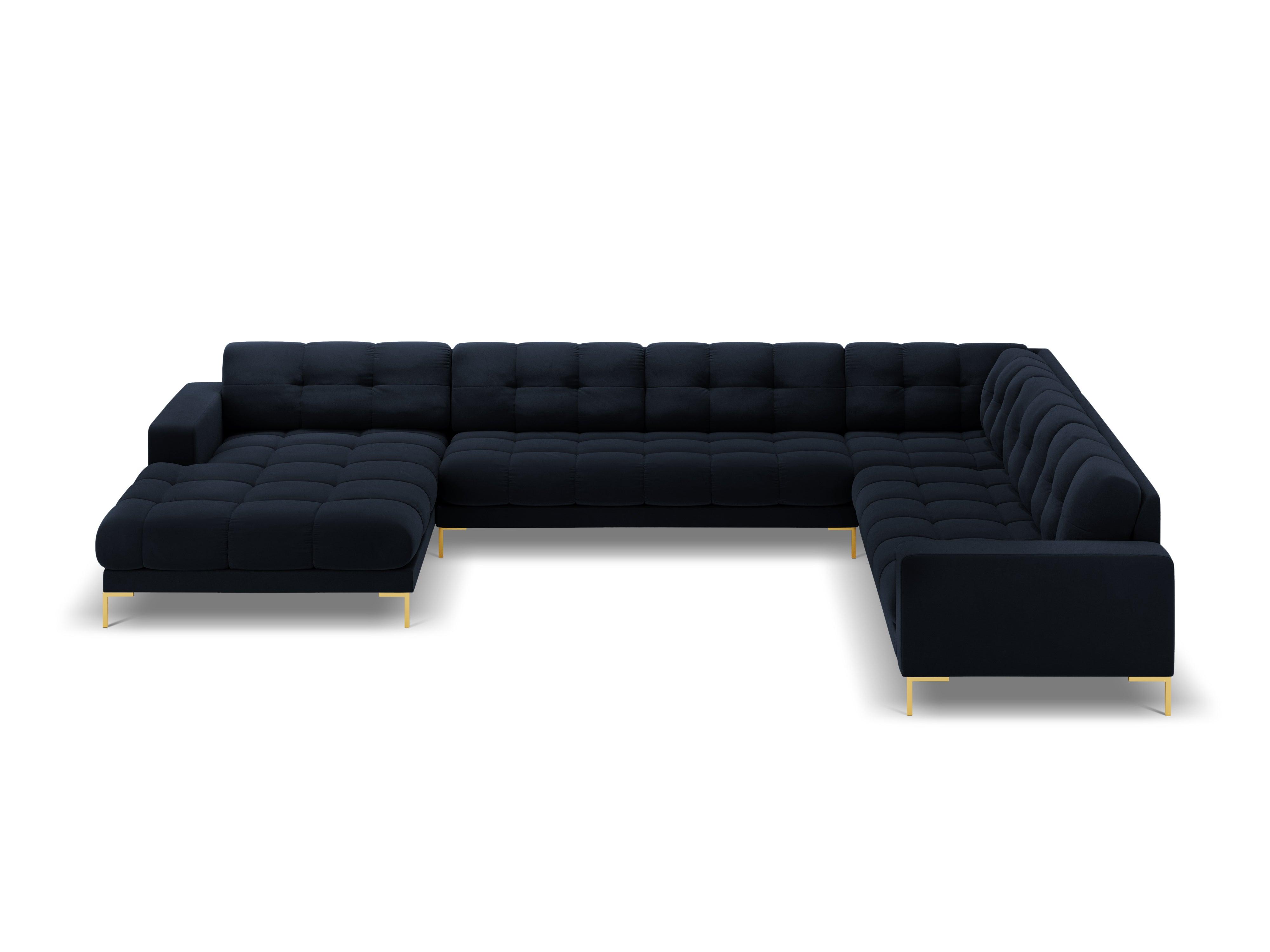 Sofa aksamitna panoramiczna prawostronna 7-osobowa BALI ciemnoniebieski ze złotą podstawą Cosmopolitan Design Eye on Design