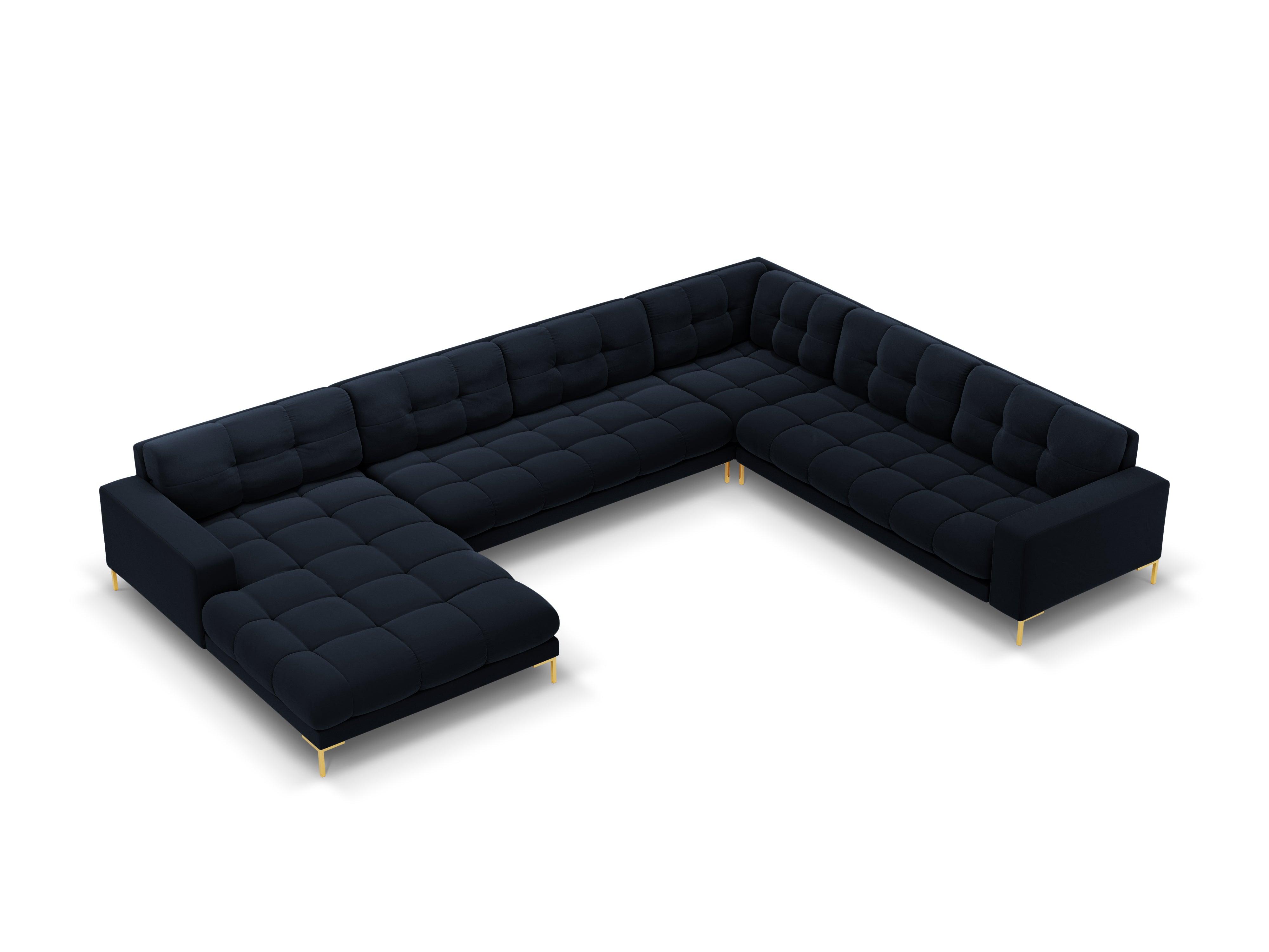 Sofa aksamitna panoramiczna prawostronna 7-osobowa BALI ciemnoniebieski ze złotą podstawą Cosmopolitan Design Eye on Design