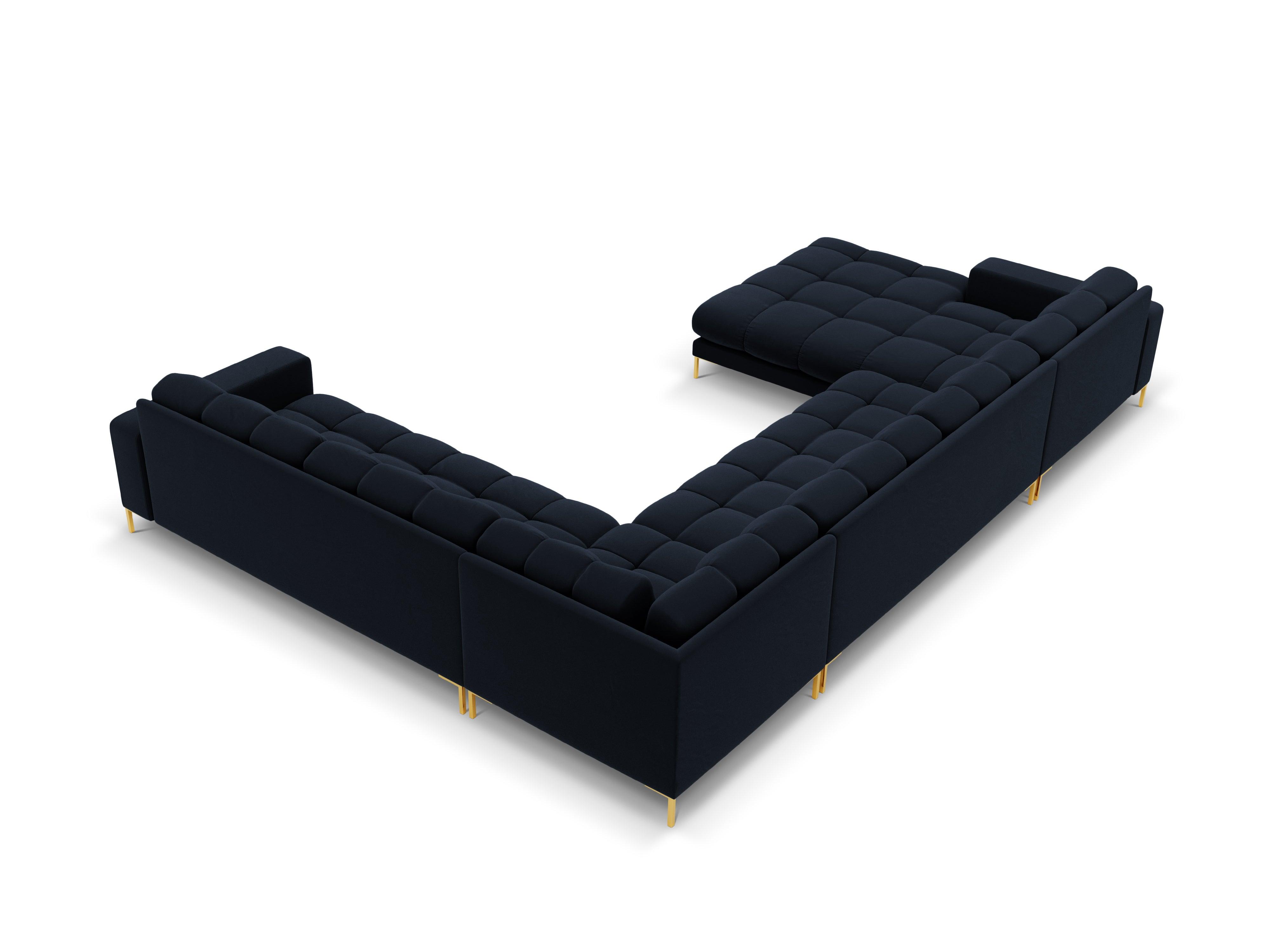 Sofa aksamitna panoramiczna prawostronna 7-osobowa BALI ciemnoniebieski ze złotą podstawą Cosmopolitan Design Eye on Design