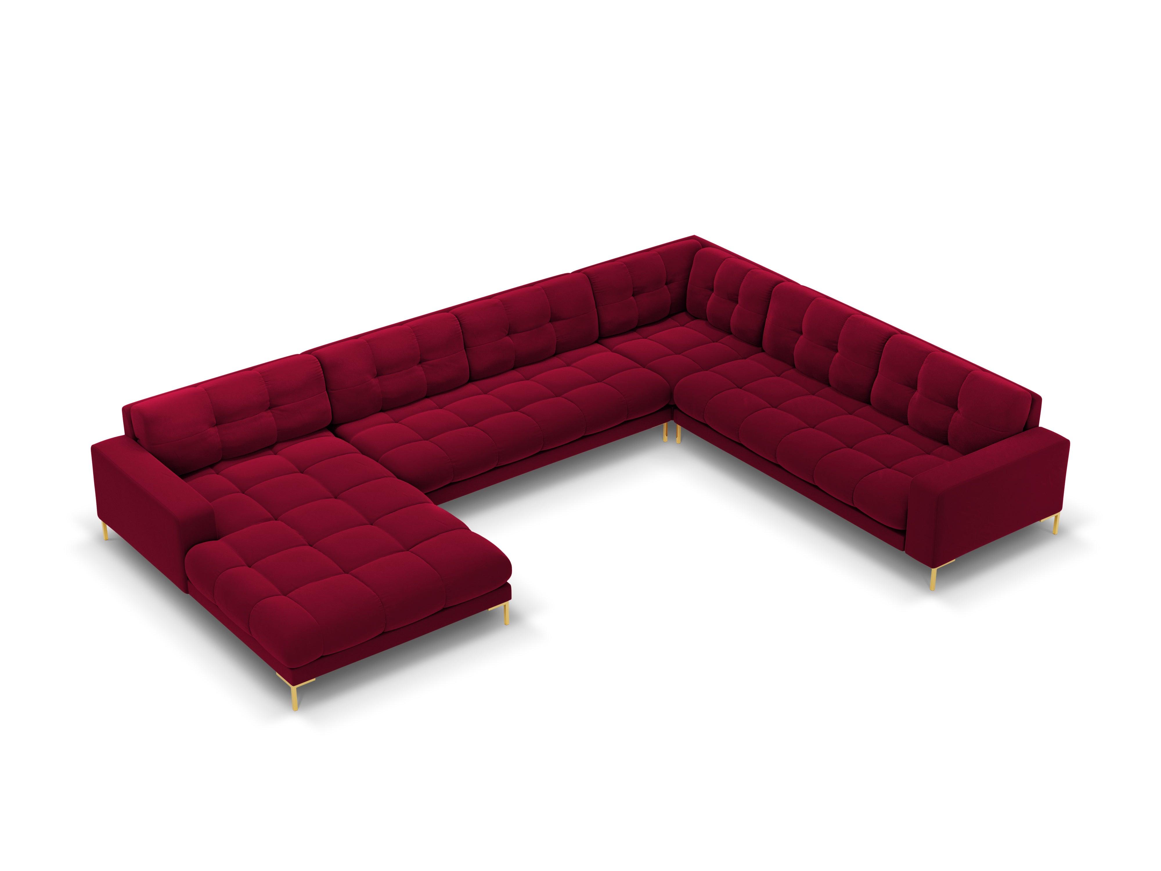 Sofa aksamitna panoramiczna prawostronna 7-osobowa BALI czerwony ze złotą podstawą Cosmopolitan Design Eye on Design