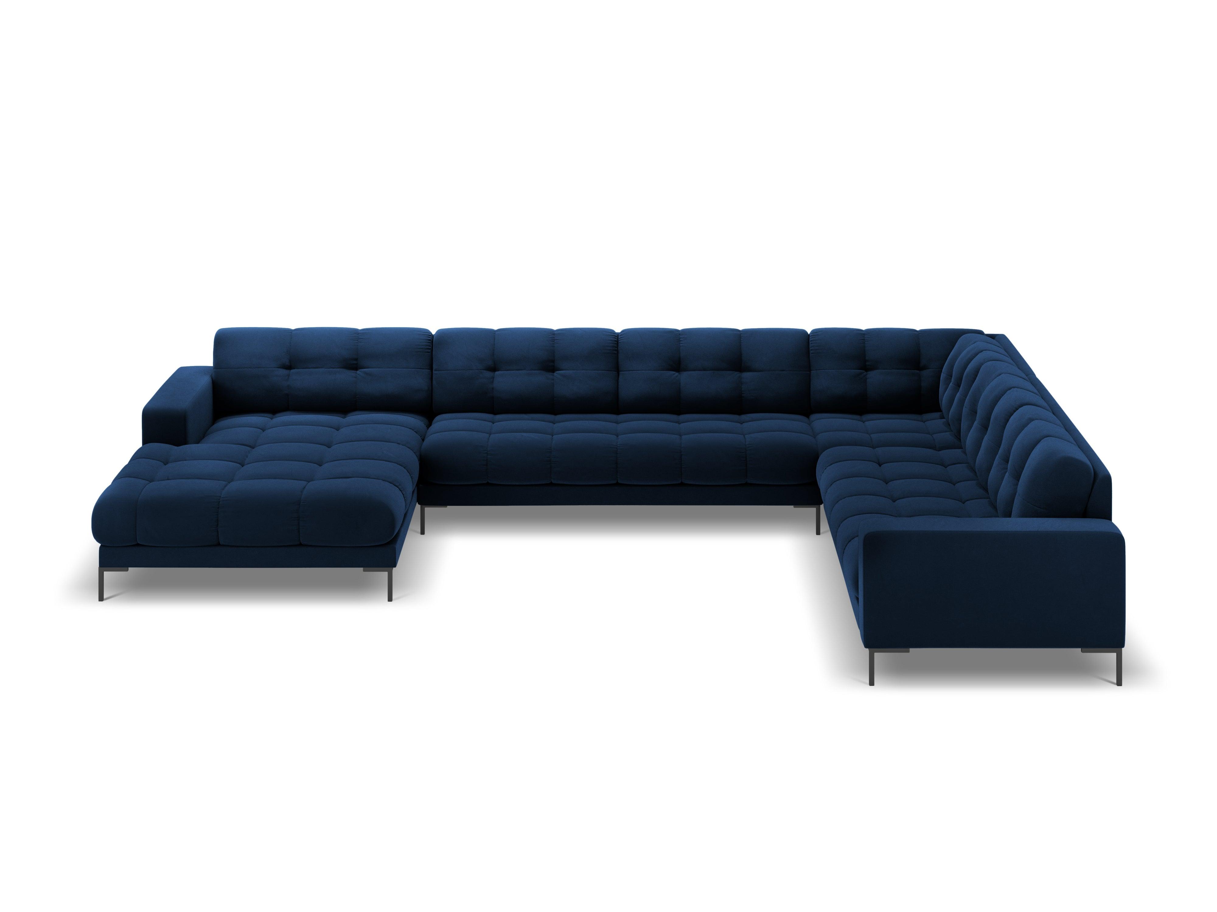 Sofa aksamitna panoramiczna prawostronna 7-osobowa BALI granat królewski z czarną podstawą Cosmopolitan Design Eye on Design