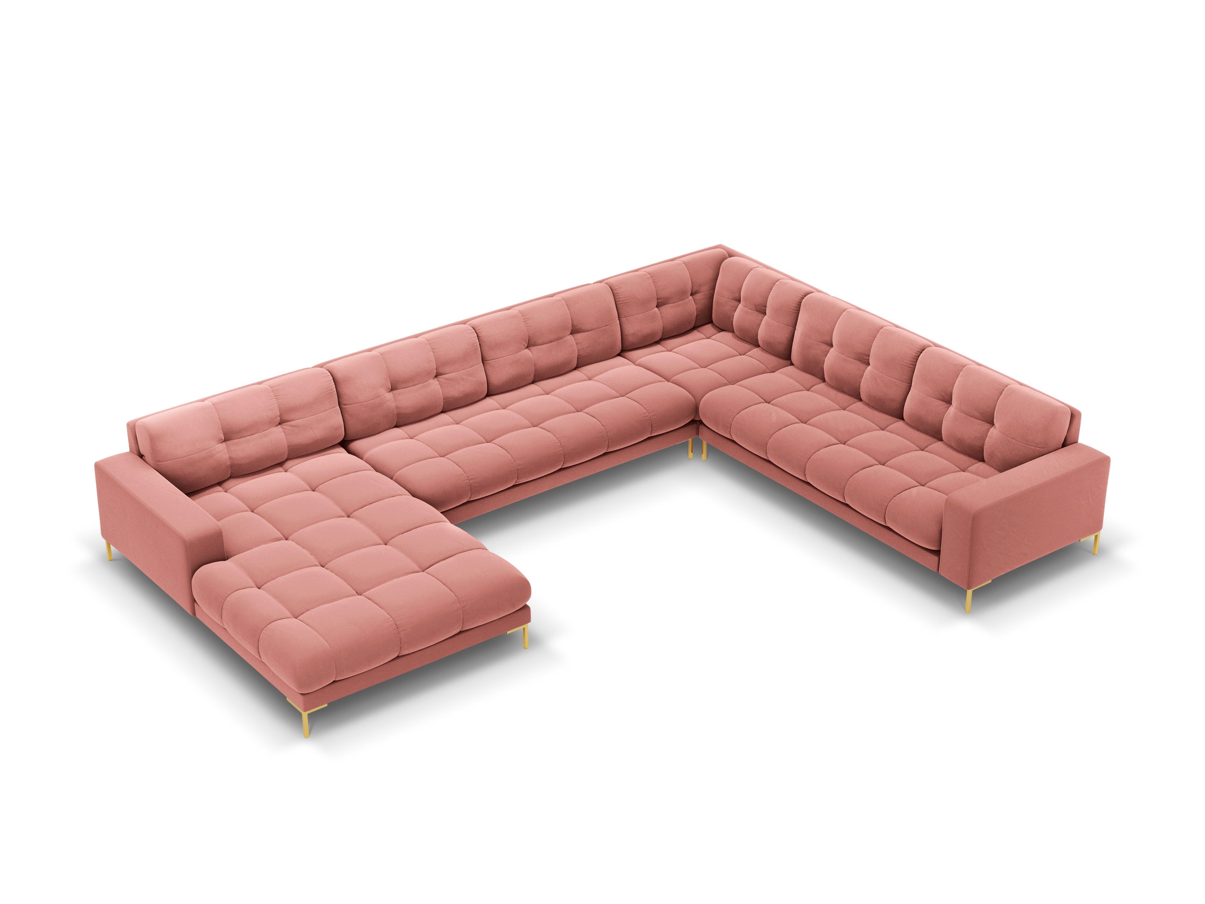 Sofa aksamitna panoramiczna prawostronna 7-osobowa BALI różowy ze złotą podstawą Cosmopolitan Design Eye on Design