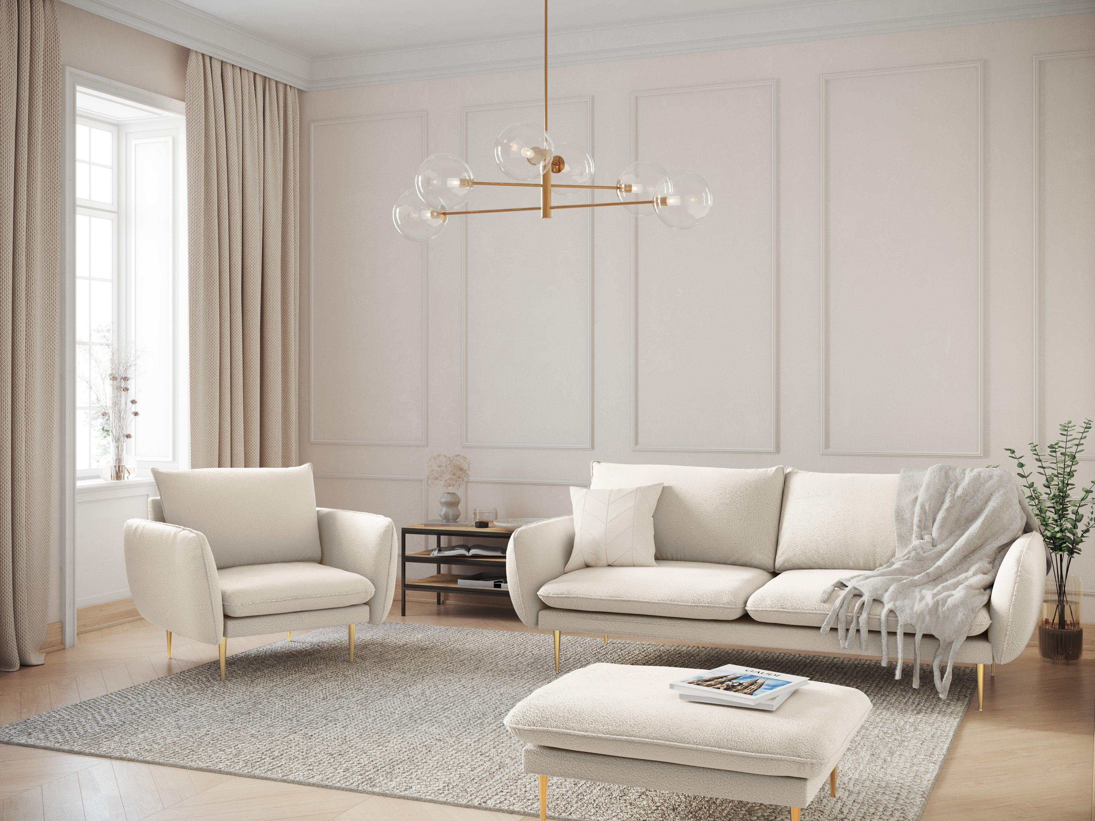 Sofa w tkaninie boucle 3-osobowa VIENNA beżowy ze złotą podstawą Cosmopolitan Design Eye on Design