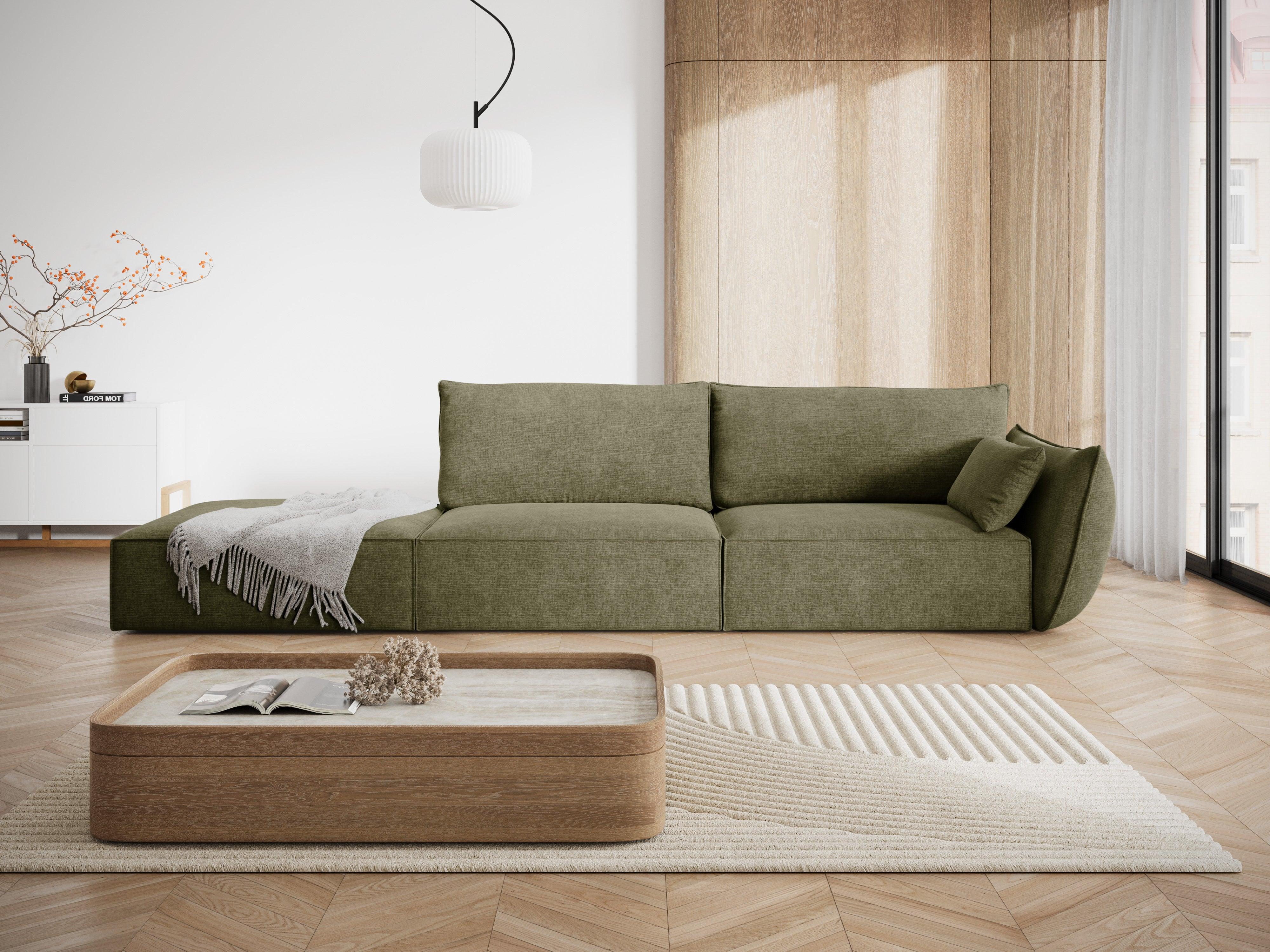 Sofa w tkaninie szenilowej lewostronna otwarta VANDA zielony Mazzini Sofas Eye on Design