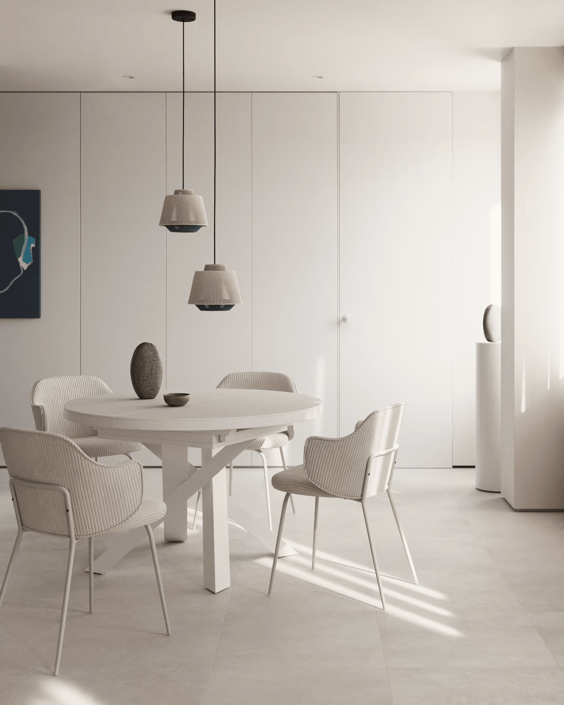 Stół rozkładany okrągły VASHTI szklany blat z białą podstawą La Forma Eye on Design