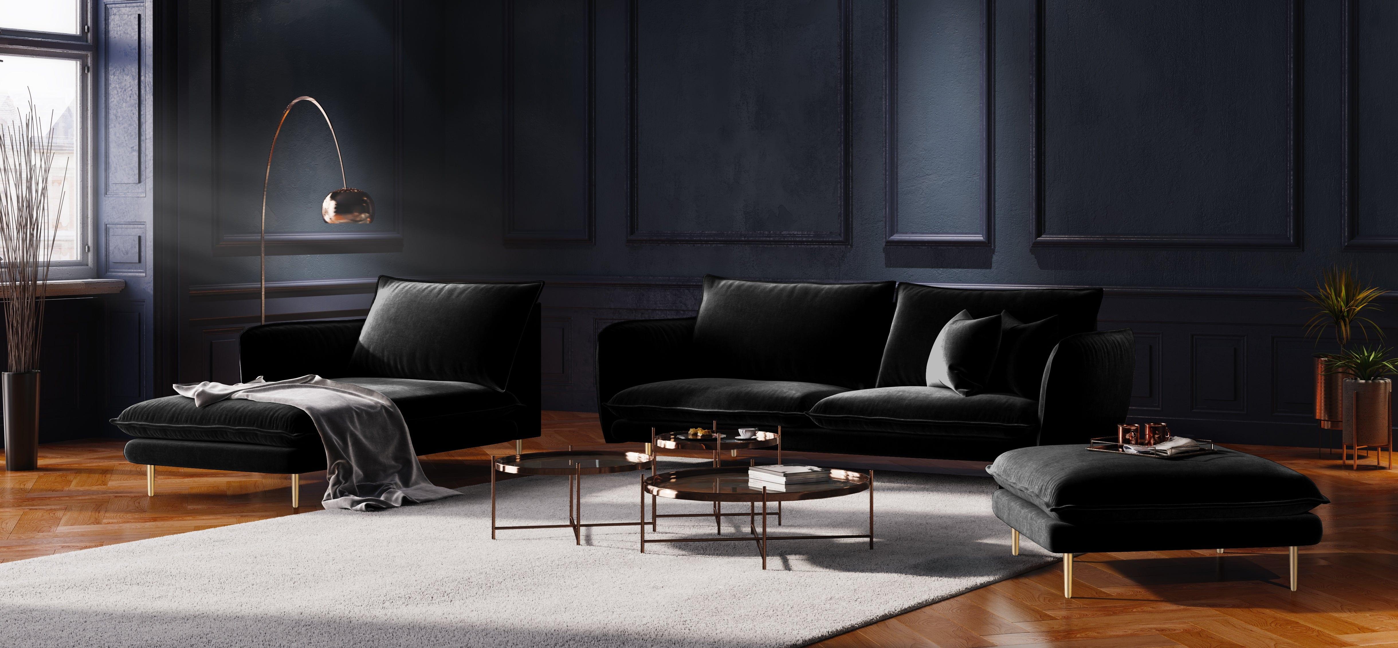 Szezlong aksamitny lewostronny VIENNA czarny ze złotą podstawą Cosmopolitan Design Eye on Design