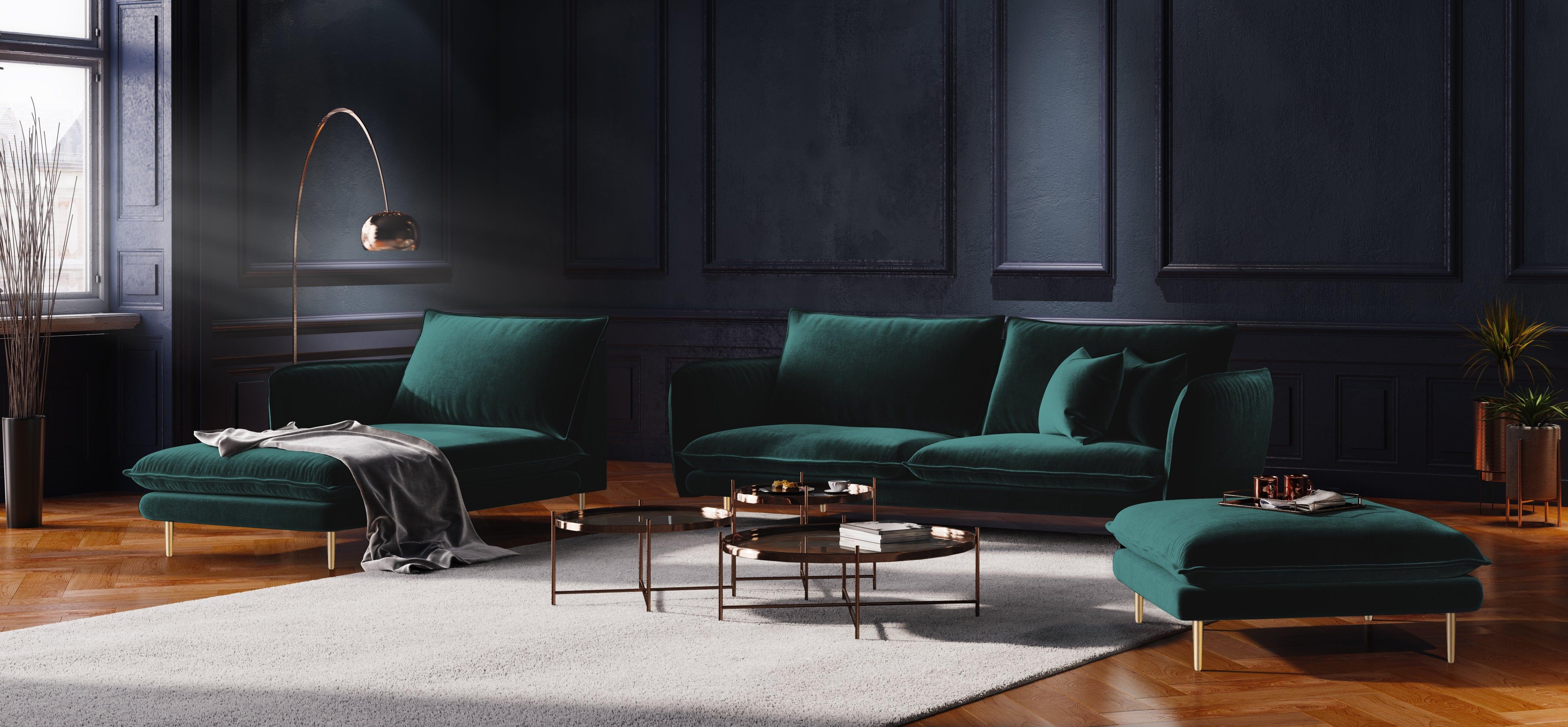 Szezlong aksamitny lewostronny VIENNA morski ze złotą podstawą Cosmopolitan Design Eye on Design