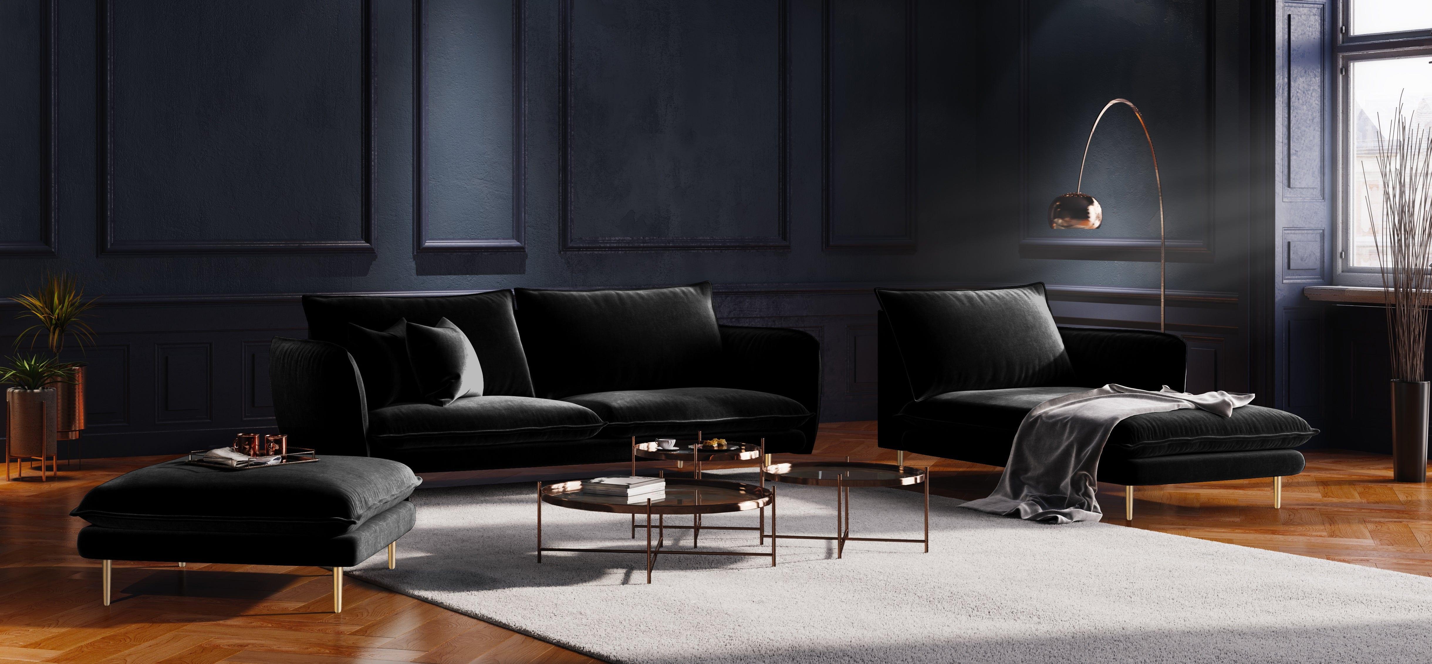 Szezlong aksamitny prawostronny VIENNA czarny ze złotą podstawą Cosmopolitan Design Eye on Design