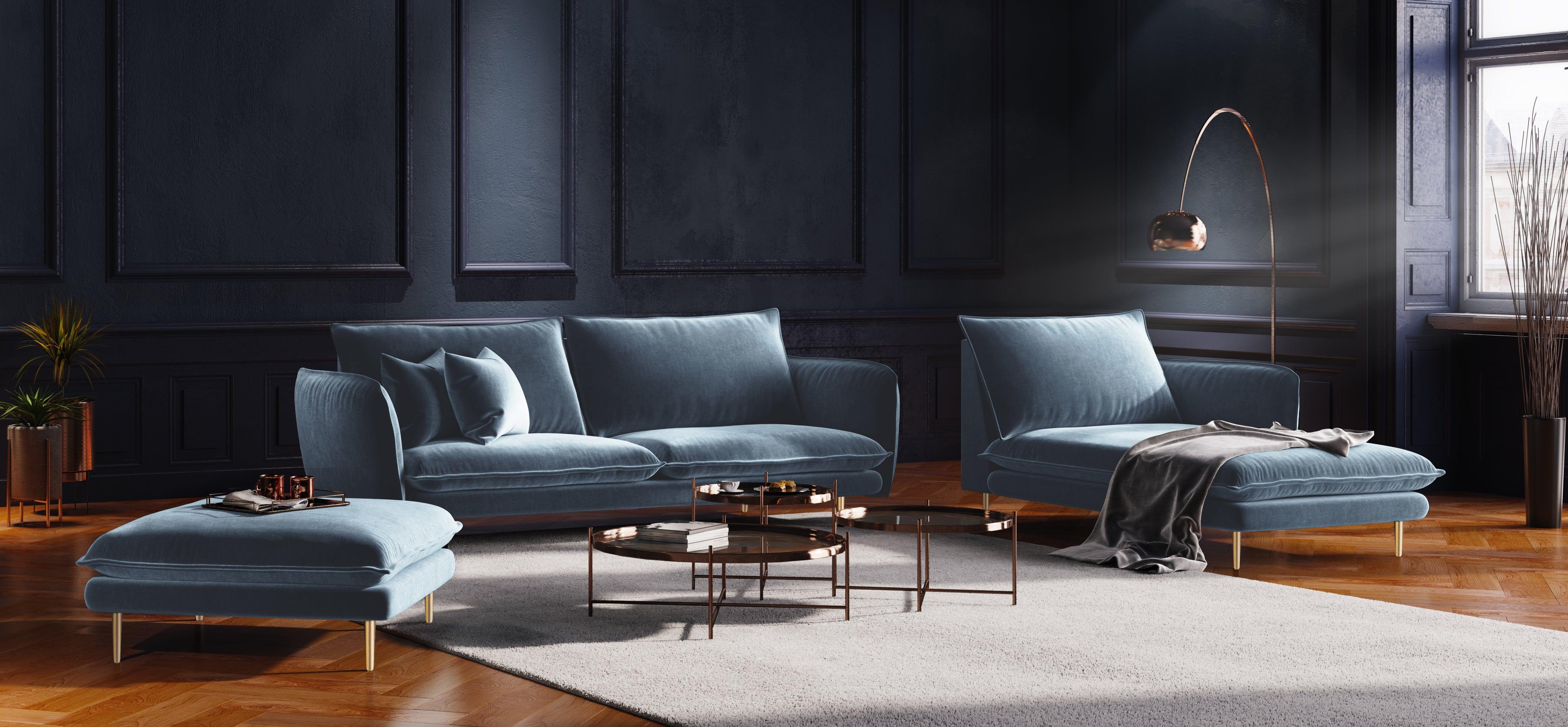 Szezlong aksamitny prawostronny VIENNA jasnoniebieski ze złotą podstawą Cosmopolitan Design Eye on Design