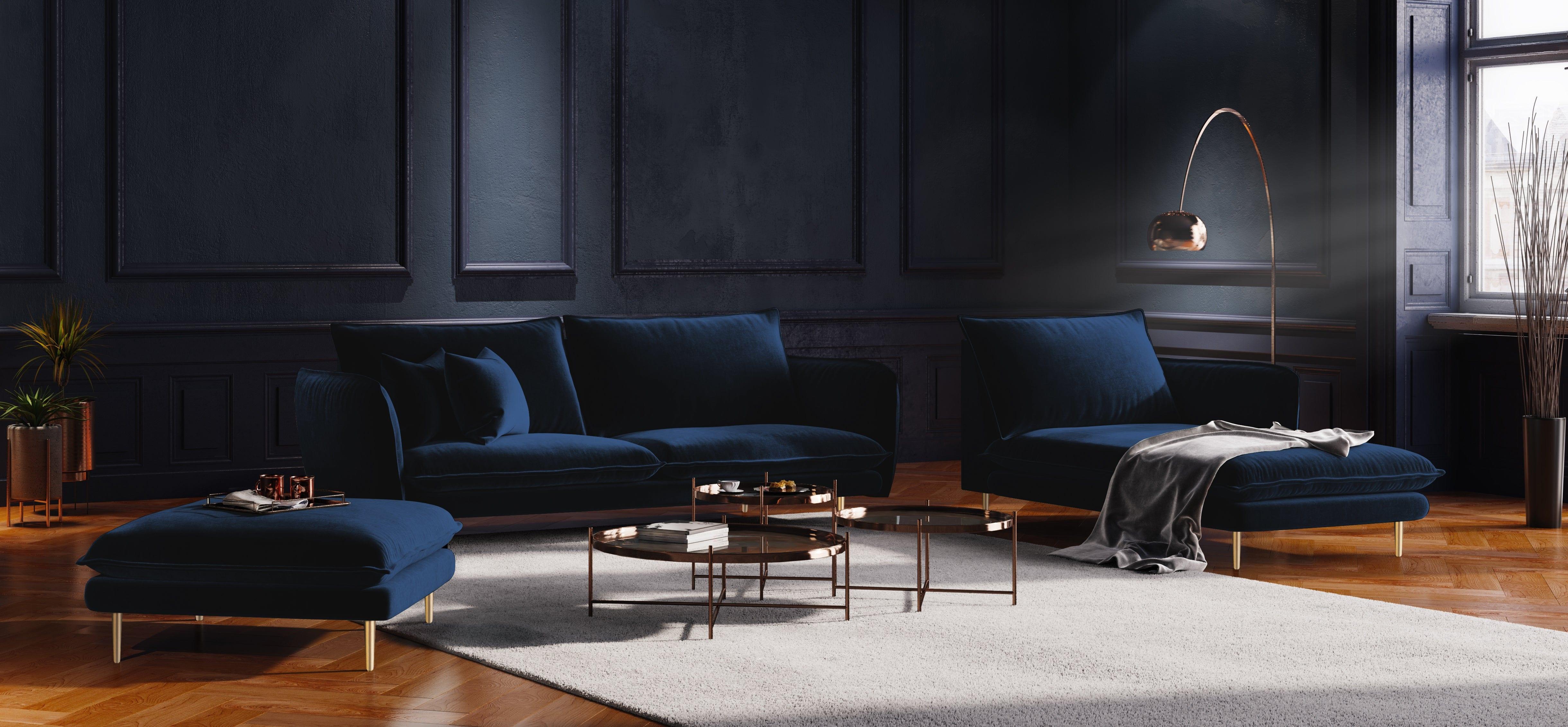 Szezlong aksamitny prawostronny VIENNA niebieski ze złotą podstawą Cosmopolitan Design Eye on Design