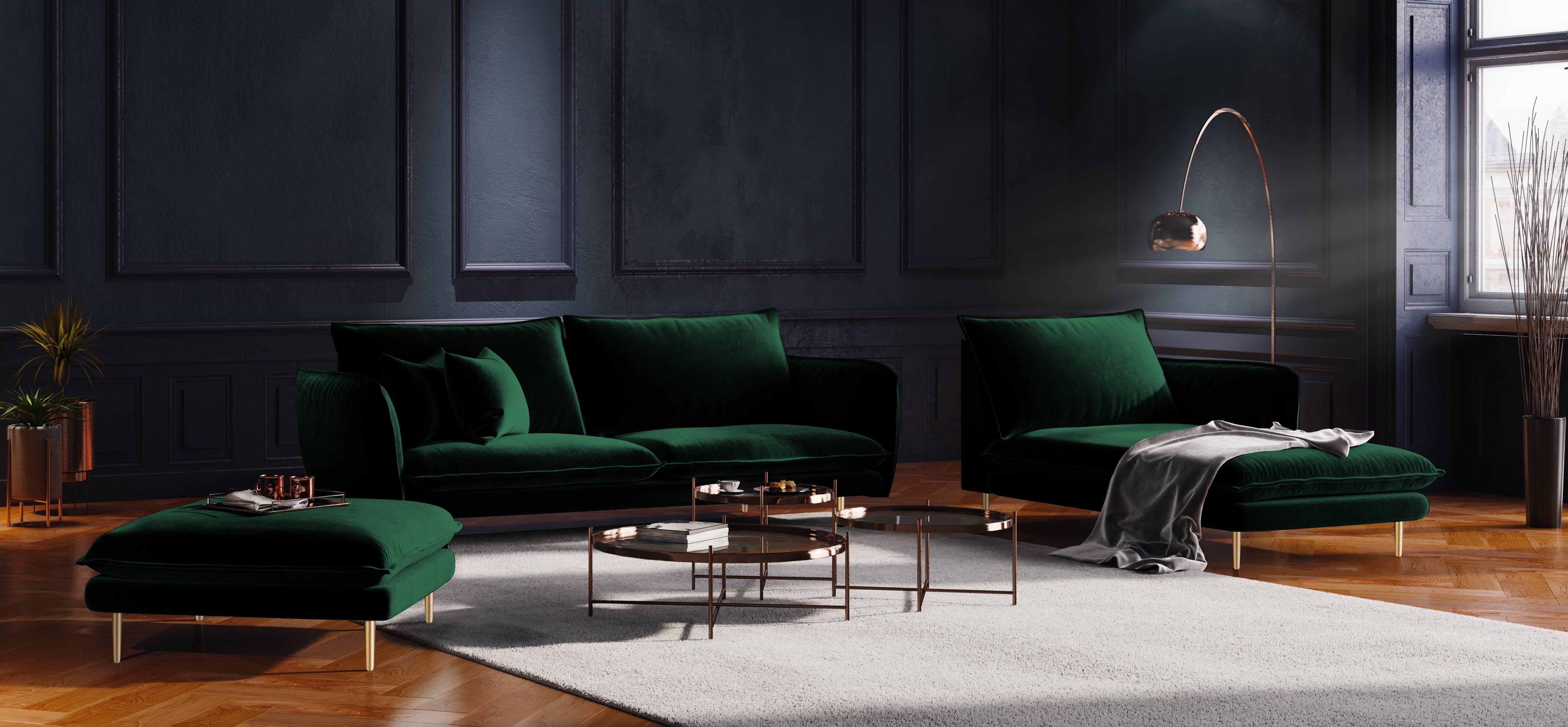 Szezlong aksamitny prawostronny VIENNA zielony ze złotą podstawą Cosmopolitan Design Eye on Design