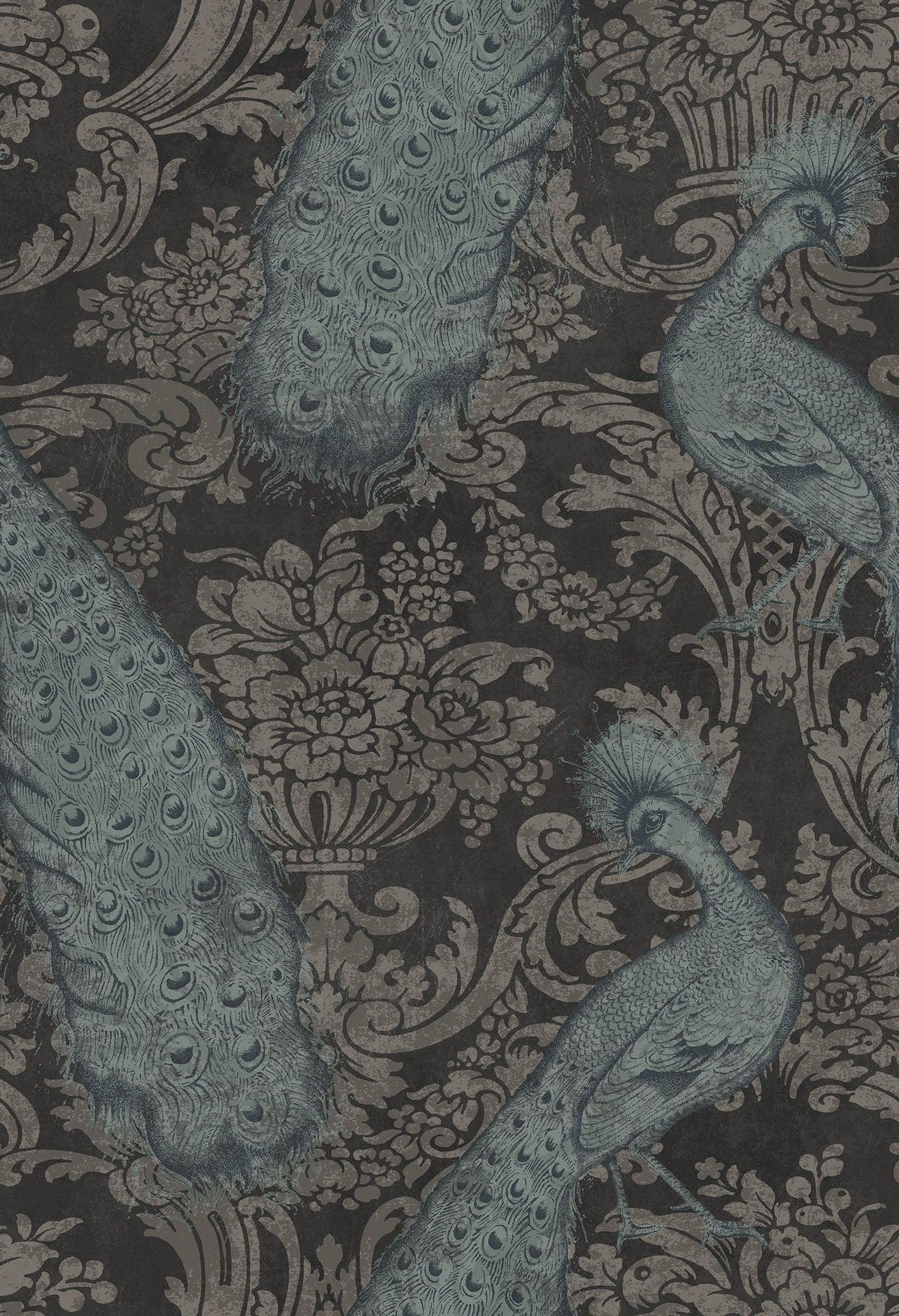 Metallic wallpaper with animal motif in peacock ALBEMARLE - Byron silver with blue