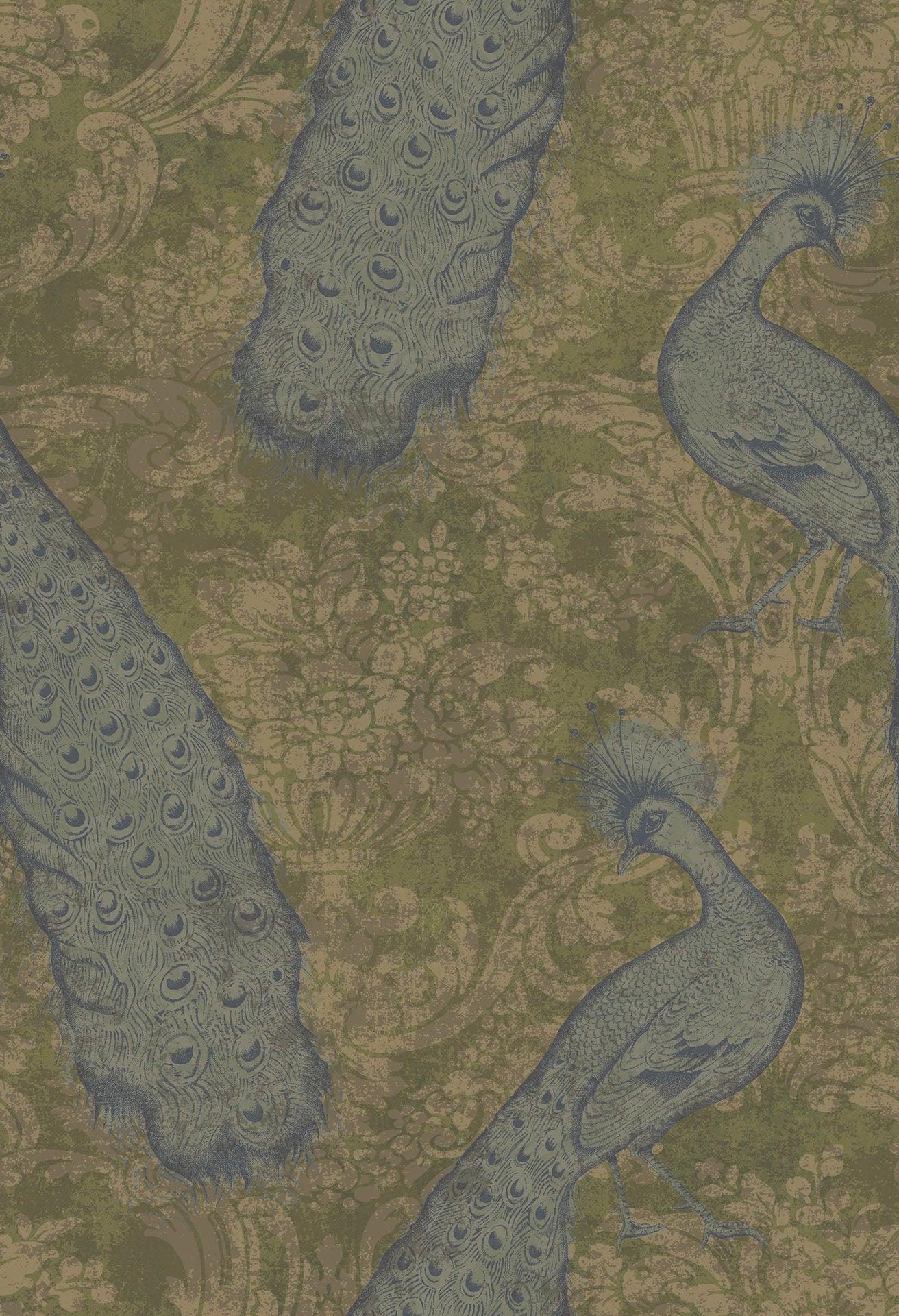 Metallische Tapete mit Tiermotiv im Pfauendesign ALBEMARLE - Byron Türkis und Gold