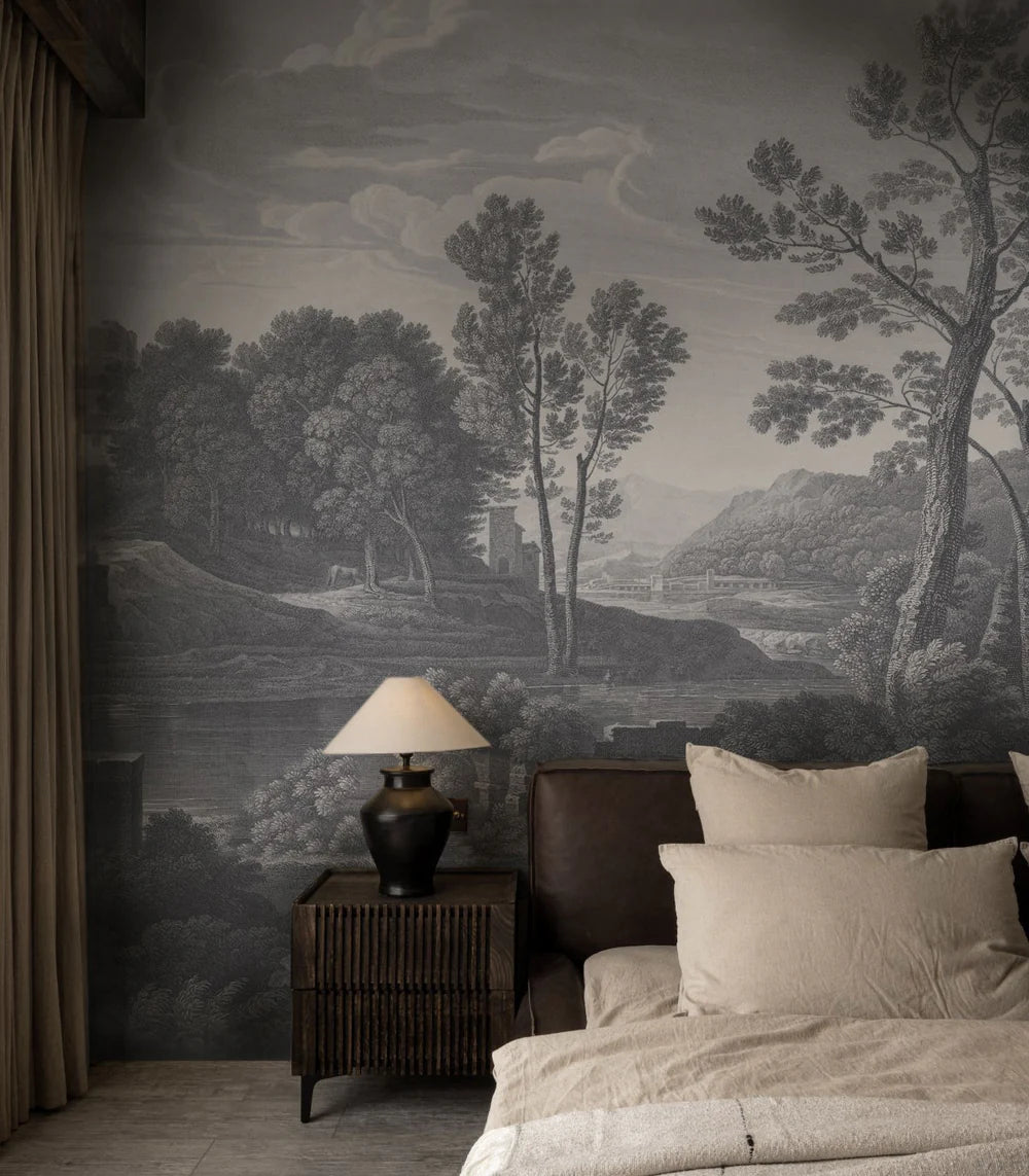 Fliesen-Tapete mit Landschaft ANCIENT RIVERSIDE GROVE grau