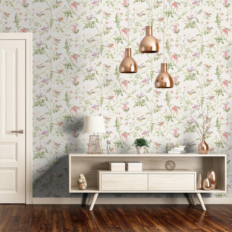 Wallpaper with a plant and animal motif of ARCHIVE ANTHOLOGY - Olive Hummingbirds on warm green
