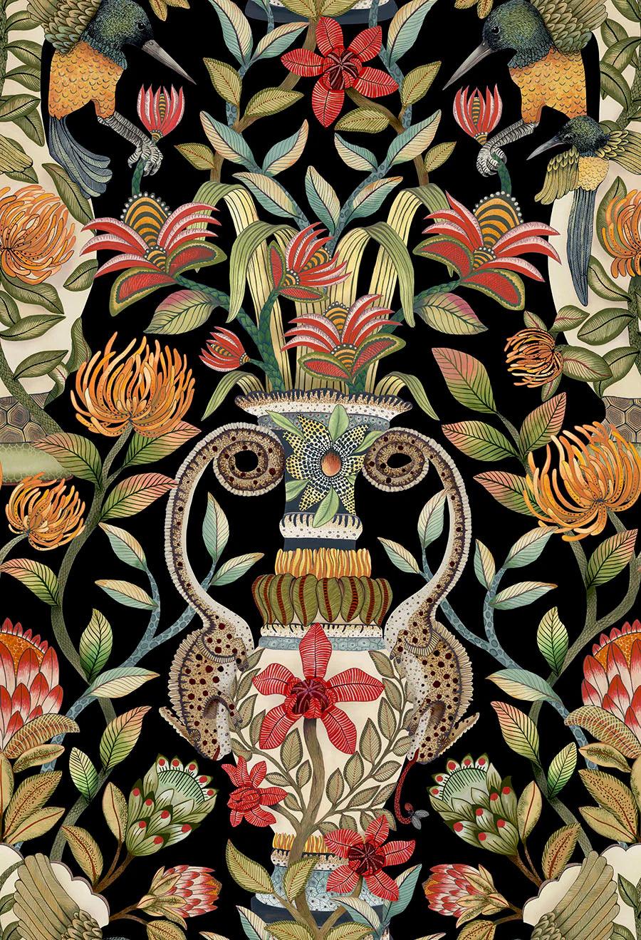 Tapete mit pflanzlichem und tierischem Motiv ARDMORE JABULA - Protea Garten schwarz