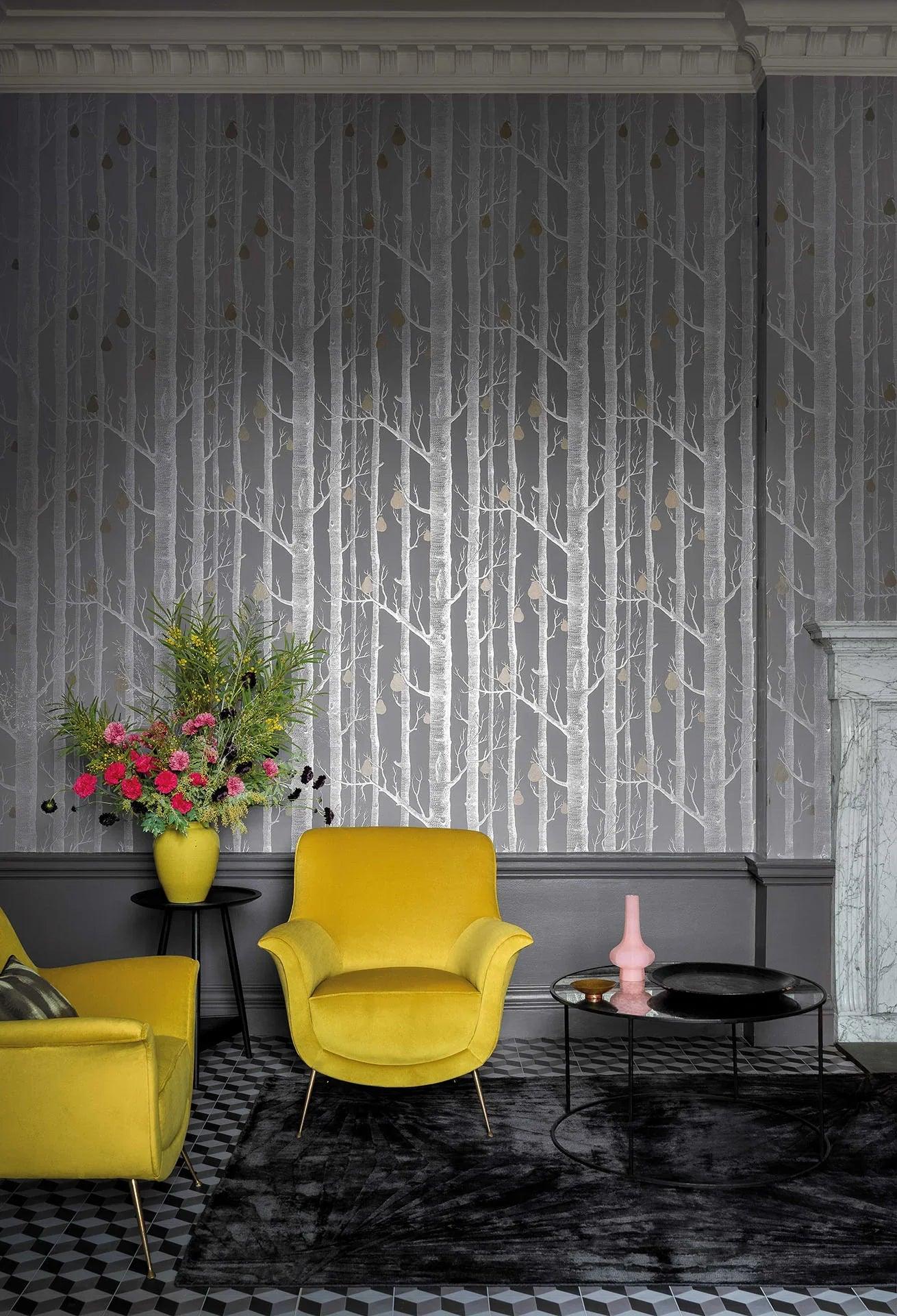 Tapeta CONTEMPORARY COLLECTION - Woods & Pears metaliczne srebro na szarym Cole & Son Eye on Design
