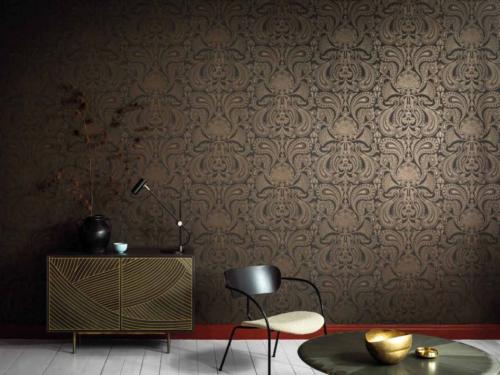 Contemporary Restyled Wallpaper with Ornaments - Black Malabar on White
