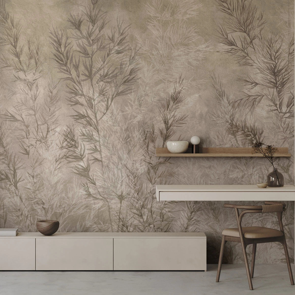 Tapete mit pflanzlichem Motiv, trockene Gräser, beige