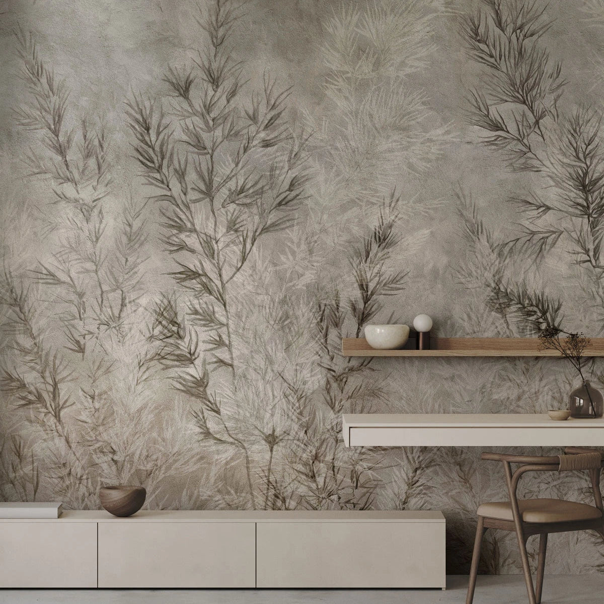 Non-woven wallpaper with a plant pattern DRY GRASS gray-beige