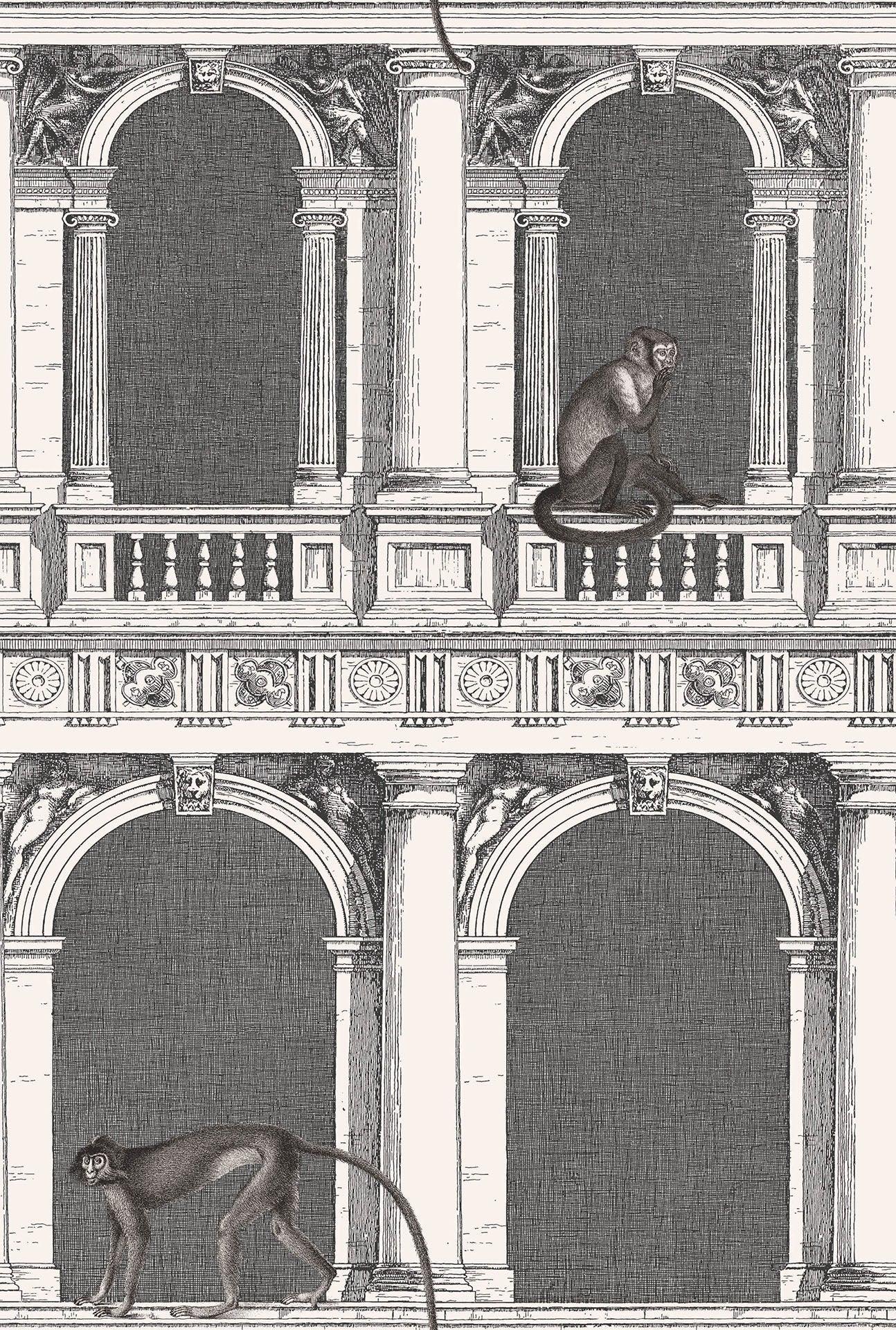 Tapete mit Landschaft von Gebäuden und Tieren FORNASETTI SENZA TEMPO - Procuratie und Affen hellgrau