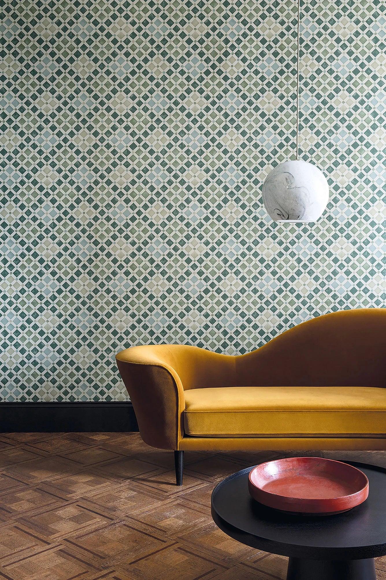 Wallpaper with a geometric pattern resembling oriental mosaic MARTYN LAWRENCE BULLARD - Blue Zellige
