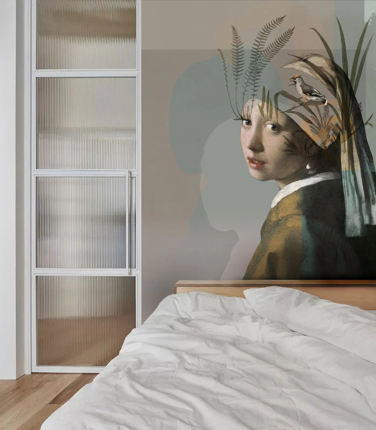 Wallpaper with Artistic Portrait NATURE GIRL WITH THE PEARL beige with green