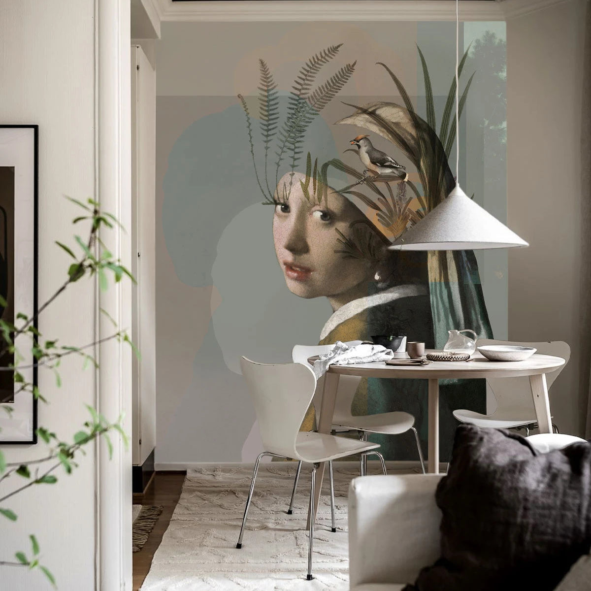 Wallpaper with Artistic Portrait NATURE GIRL WITH THE PEARL beige with green