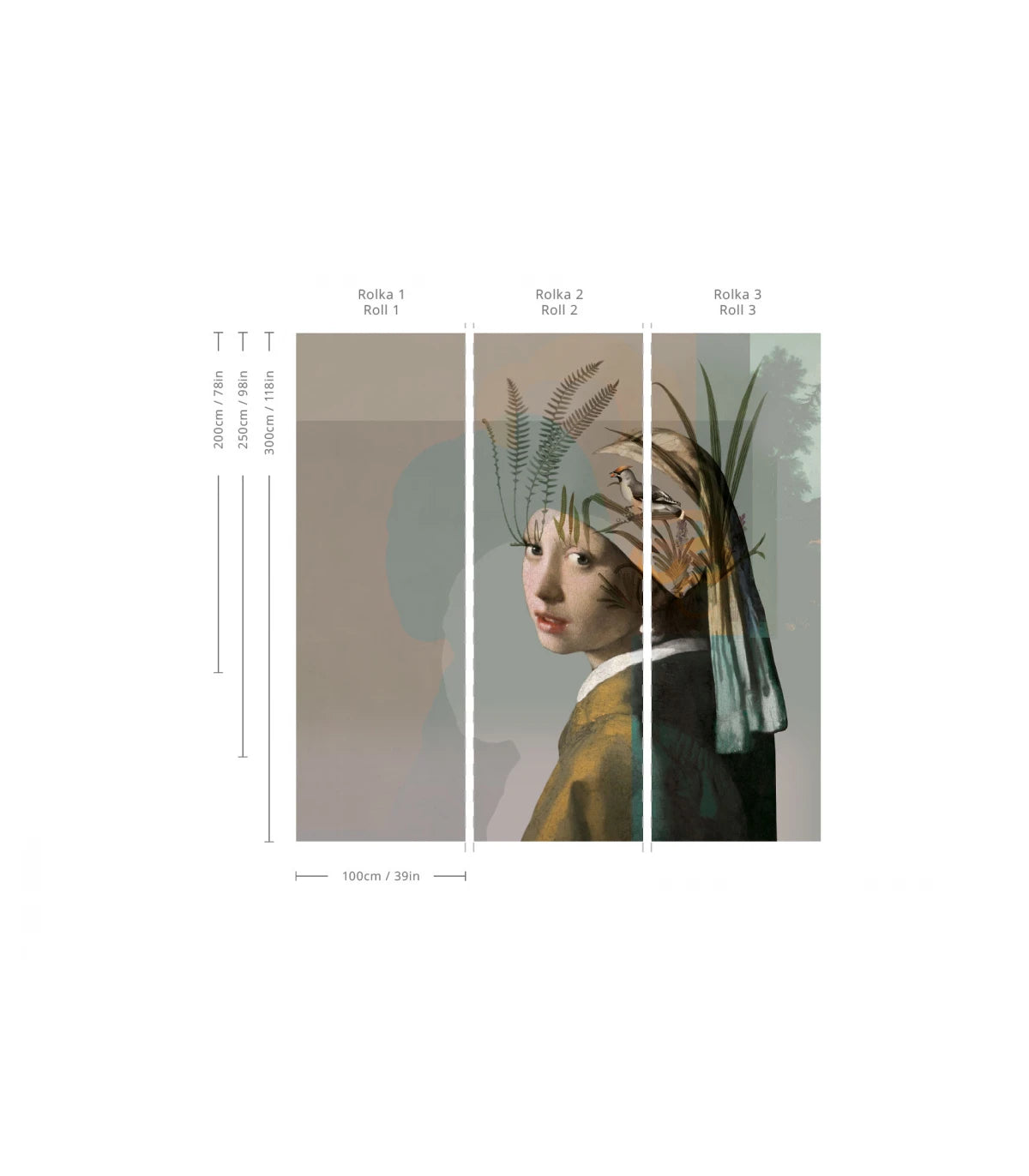 Wallpaper with Artistic Portrait NATURE GIRL WITH THE PEARL beige with green