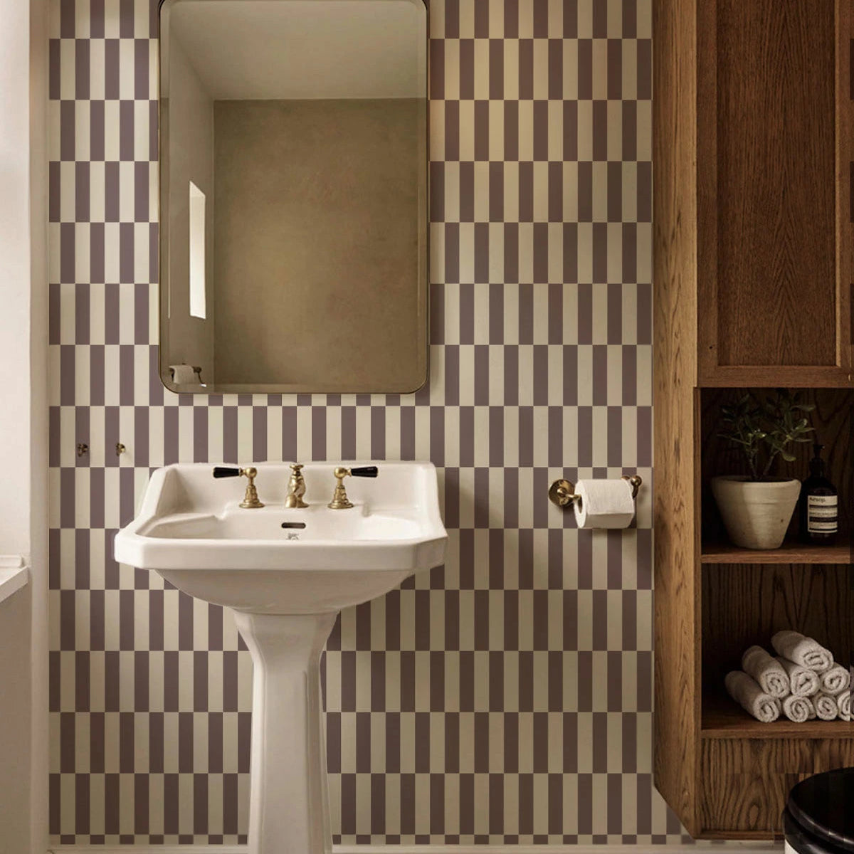 Non-woven wallpaper with geometric pattern TETRIS STRIPE burgundy