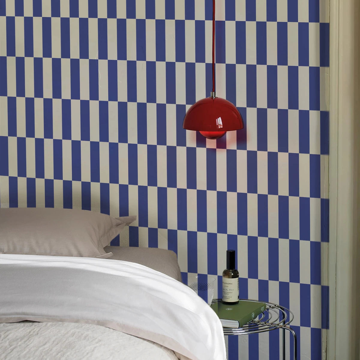 Non-woven wallpaper with geometric pattern TETRIS STRIPE cobalt blue