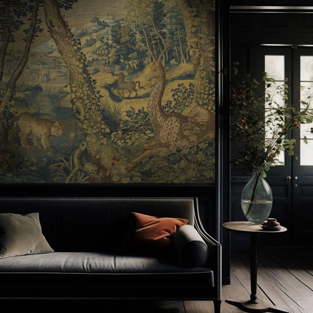 Wallpaper with a landscape of a magical forest UNICORN ARRAS green with brown