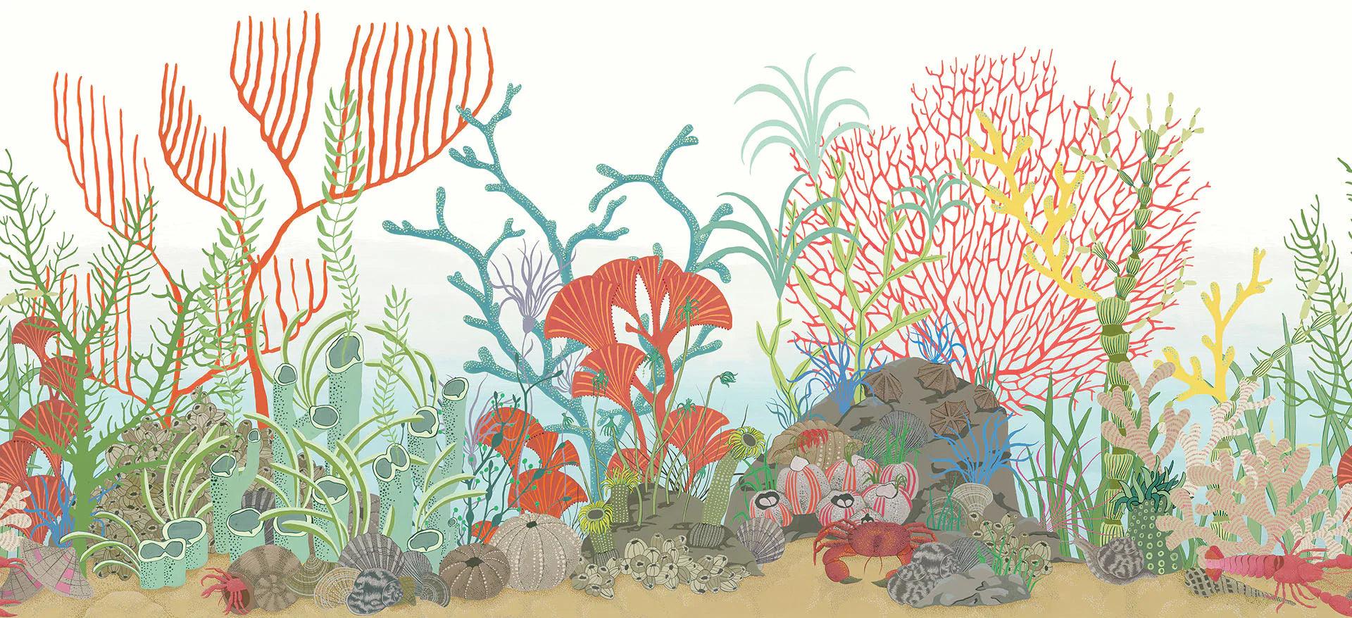 Tapetenbordüre mit maritimem Korallenmotiv WHIMSICAL - Archipel Bordüre blau mit rot