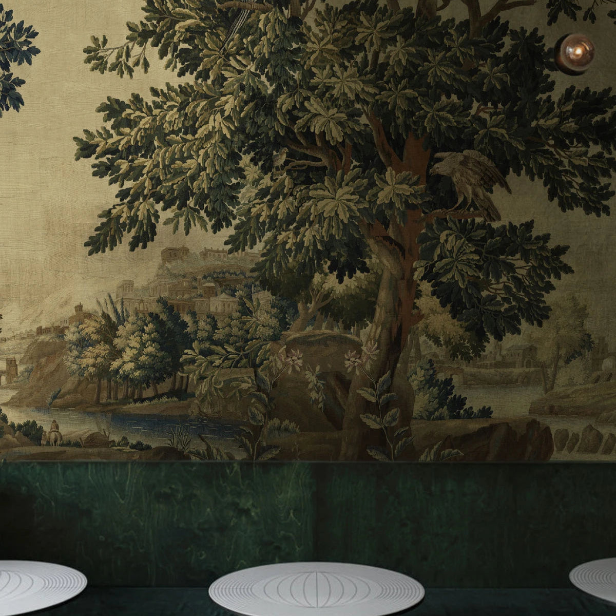 Non-woven wallpaper with landscape WHISPERING GARDEN green