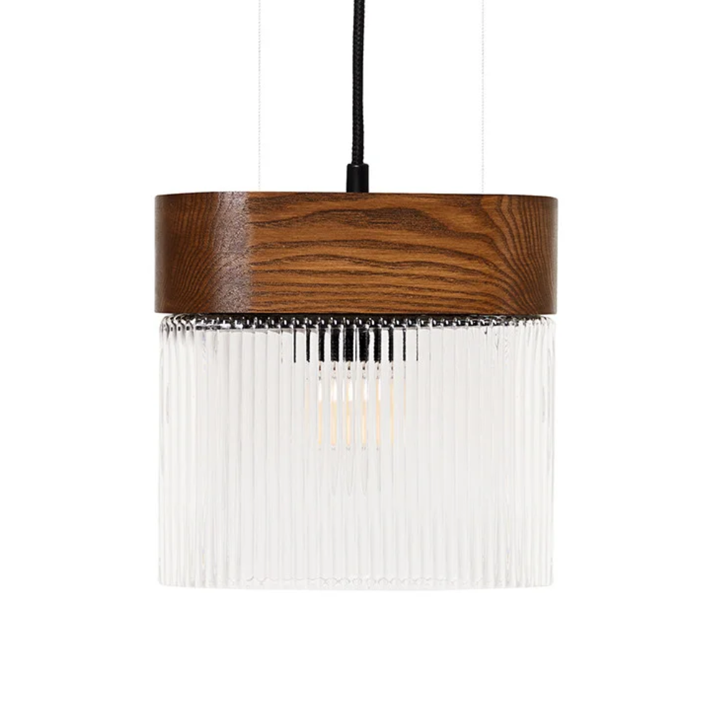 FLUMINA Pendelleuchte, geriffeltes Glas und Eschenholz
