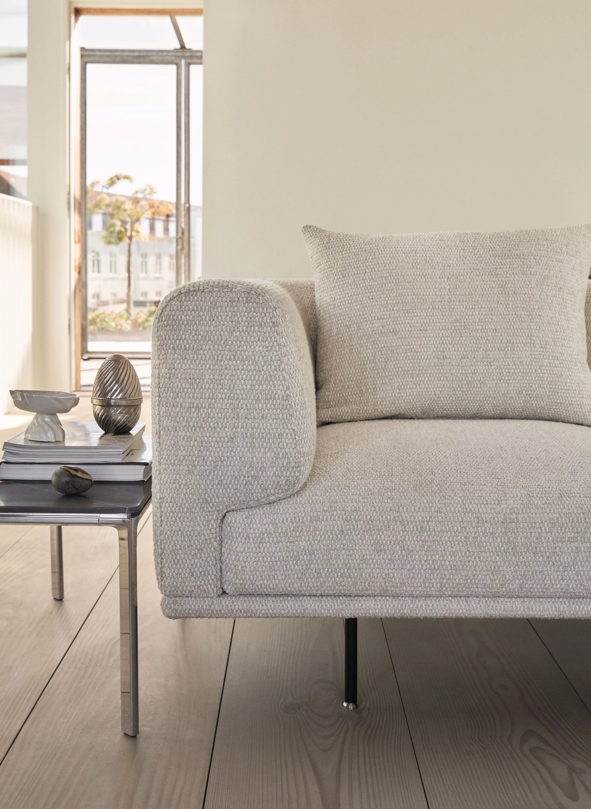 3-Seater Sofa CHIMNEY Light Gray Boucle with Black Base