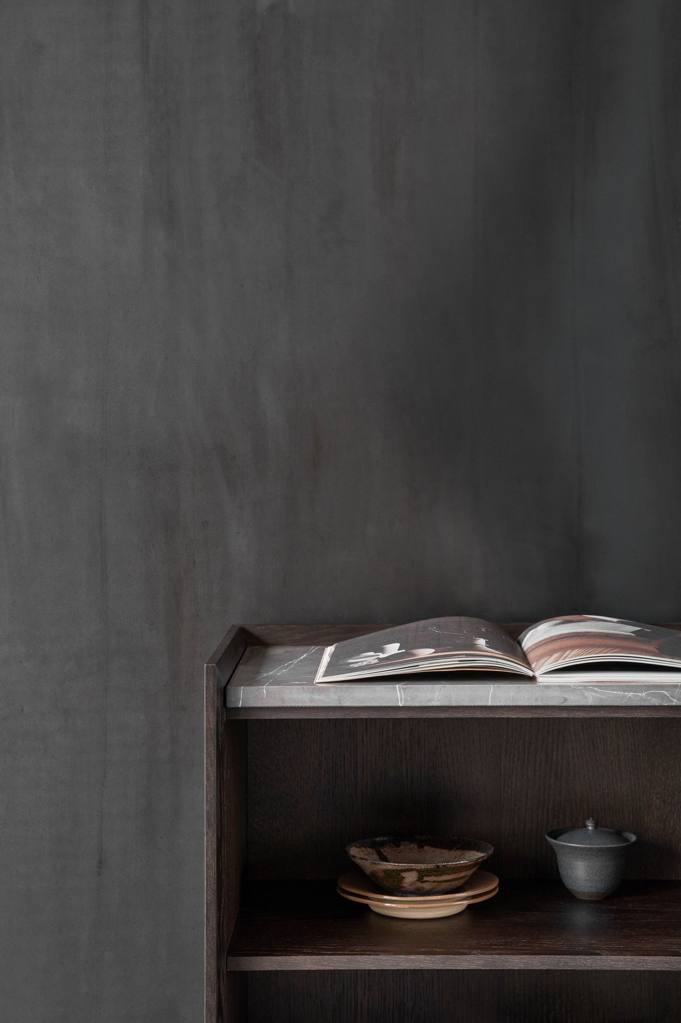 H5 Wall-Mounted Cabinet Dark Oak Veneer with Gray Marble Top