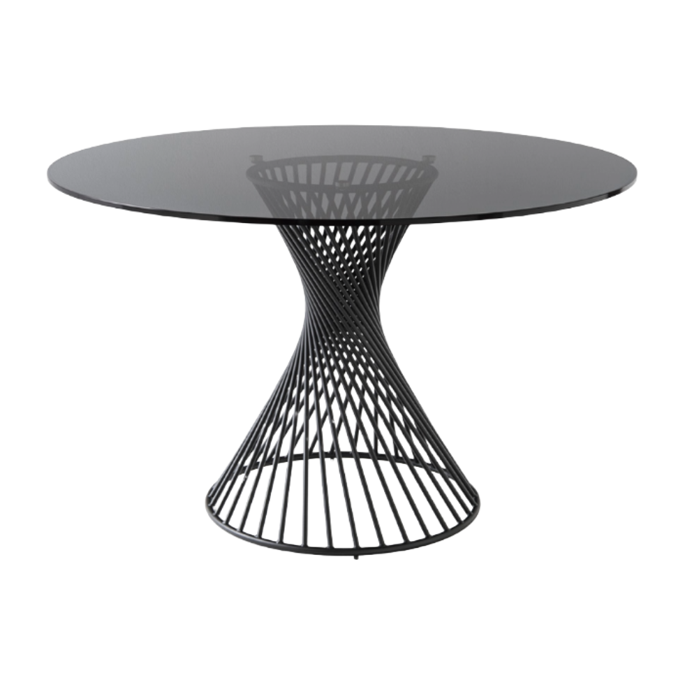 Runder Tisch VORTEX mit rauchigem Glas und schwarzem Gestell