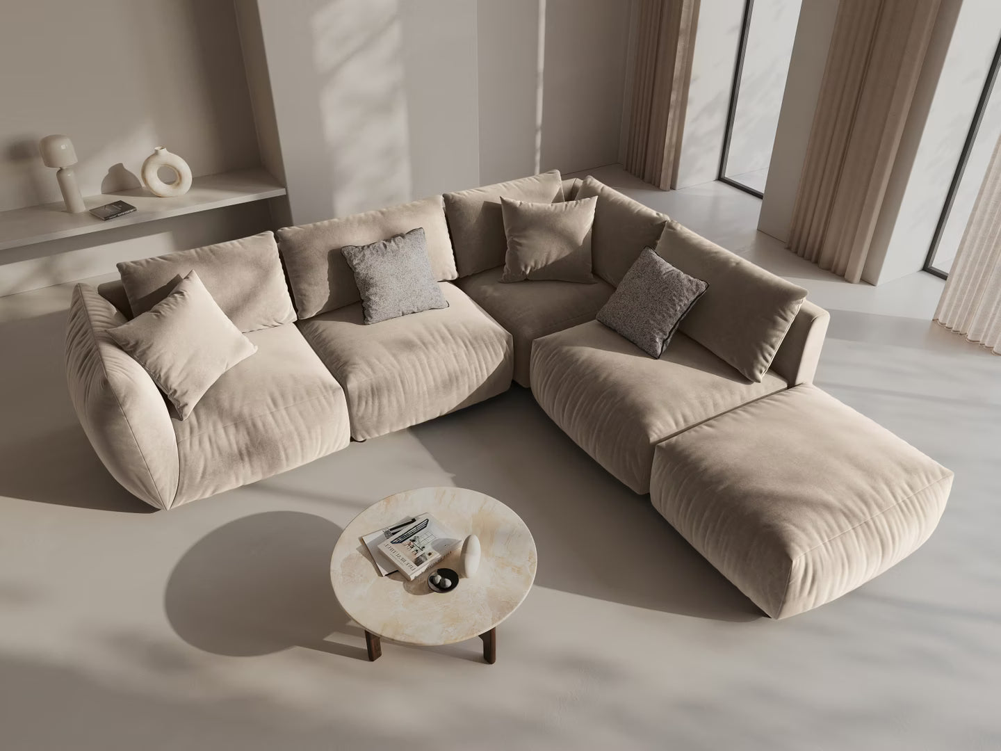 Modulares Samtsofa für 4 Personen, rechtsseitig CHRIS ecru