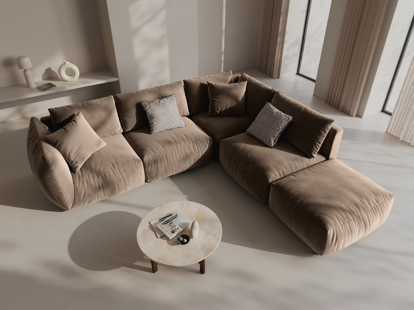 Modulares Samtsofa für 4 Personen, rechtsseitig CHRIS in hellbraun