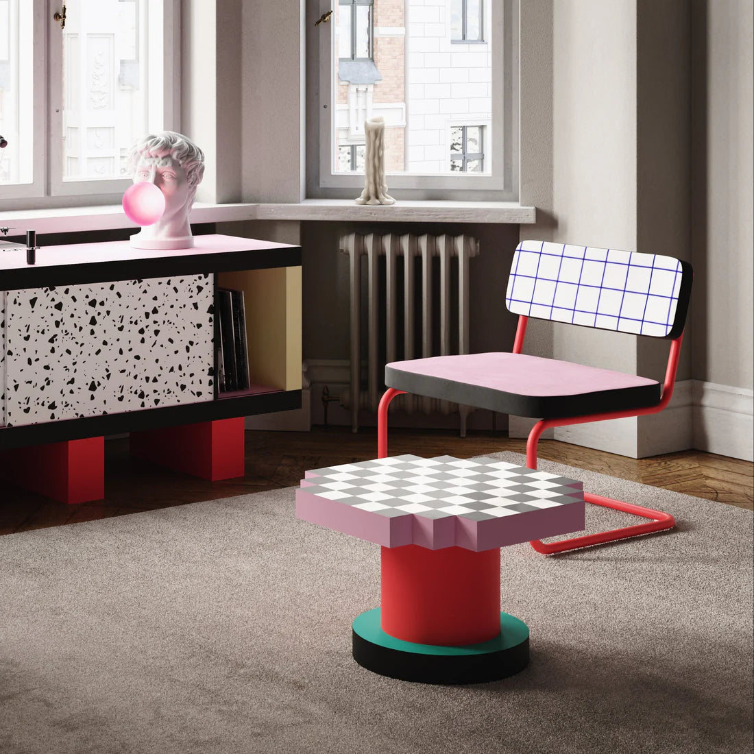 Sessel SUPERLOUNGE STUHL BLAUES GITTER rosa mit rotem Fuß