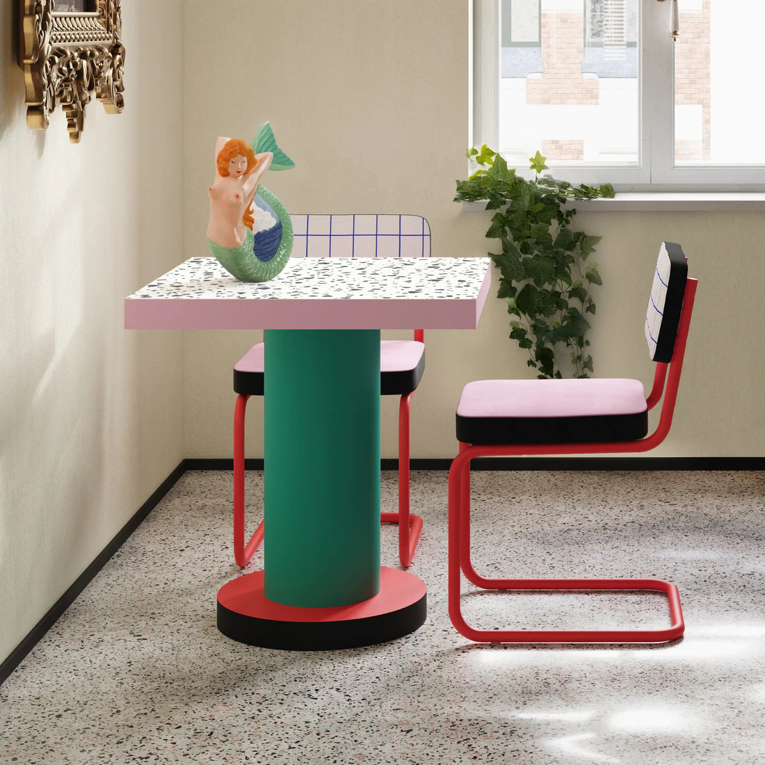 Quadrat-Kaffeetisch mit runder Basis SUPERLOUNGE TERRAZZO türkis mit Rot