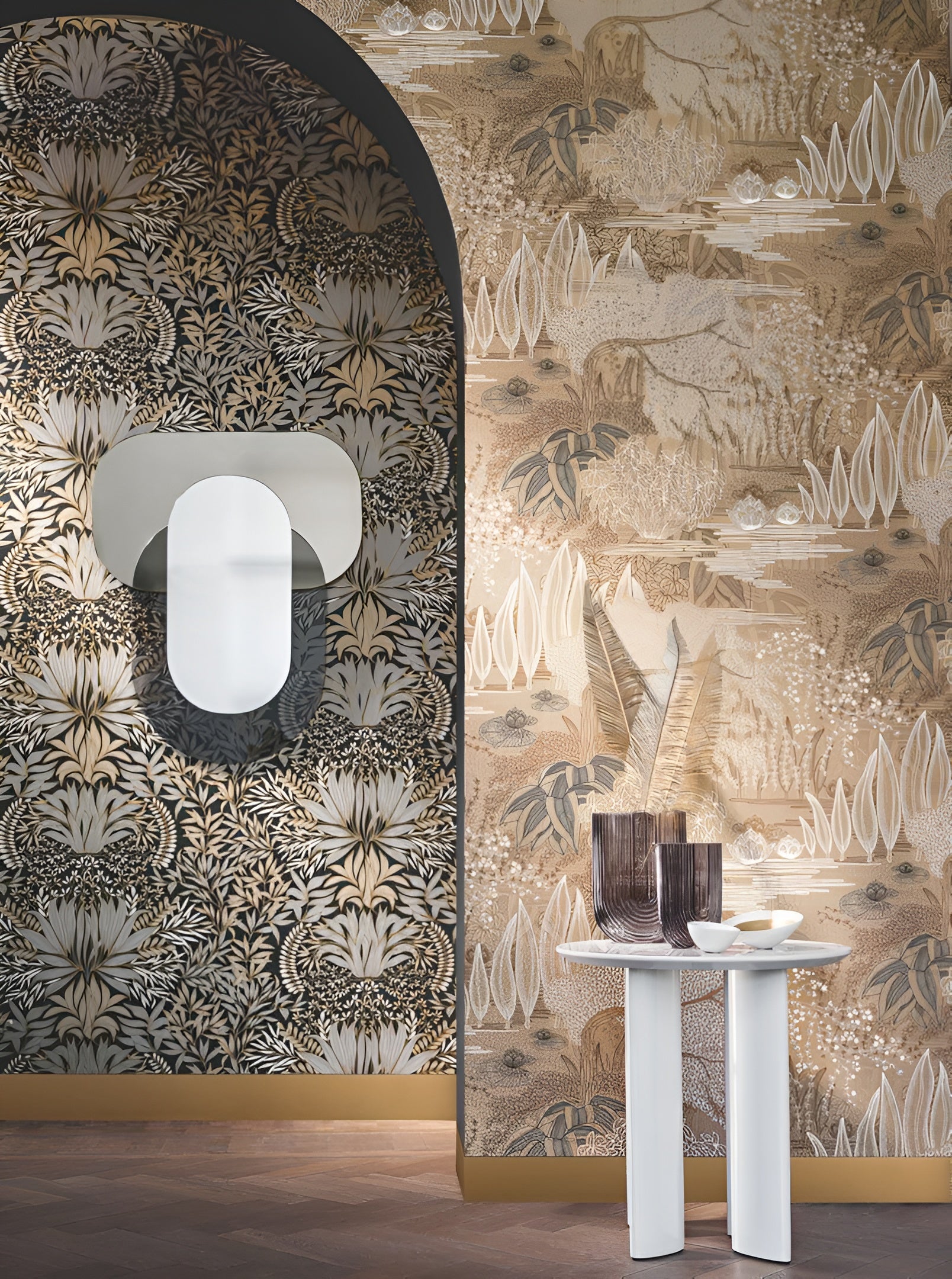 Wallpaper with a plant landscape of a water garden JASMIN - GREGE/GREEN CLAY muted beige with green