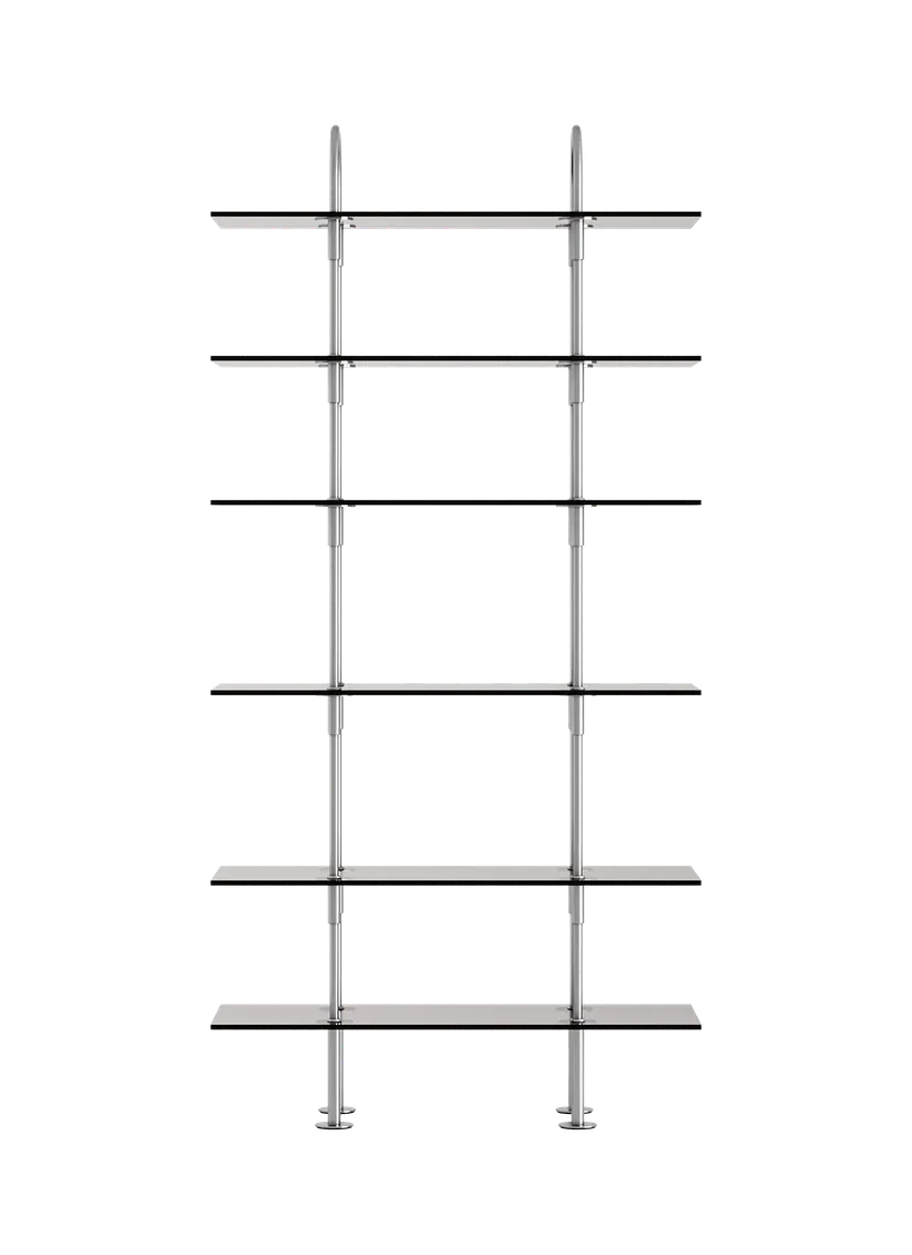 Regal KEEN mit rauchigem Glas und satinierter Stahlrahmen