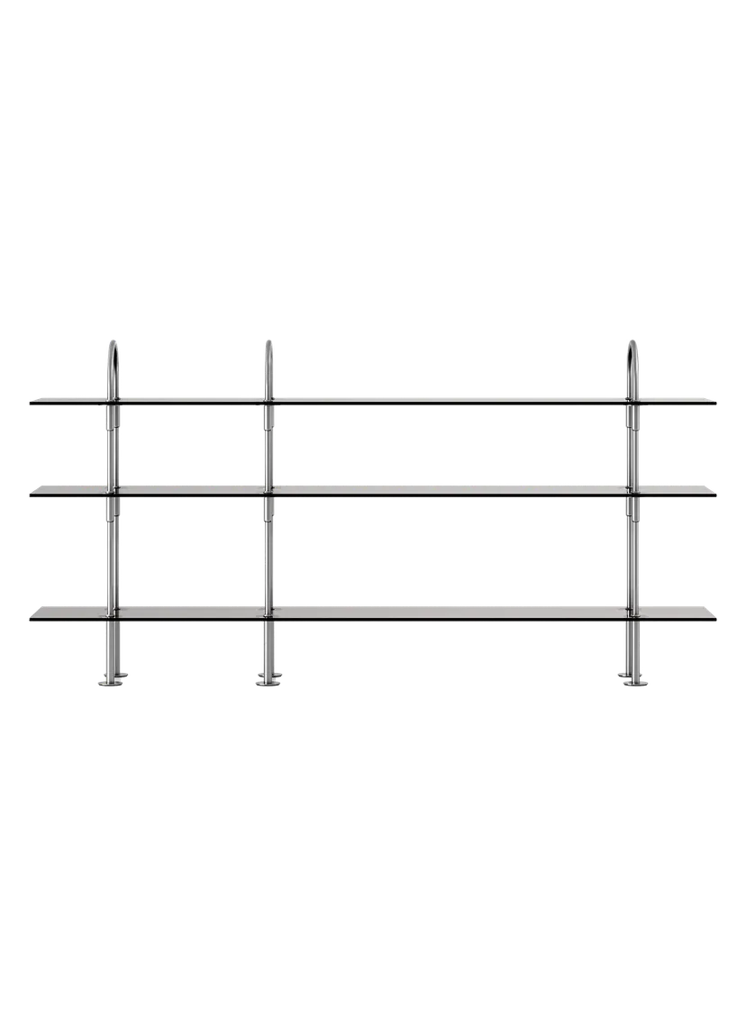 Regal KEEN mit rauchigem Glas und satinierter Stahlrahmen