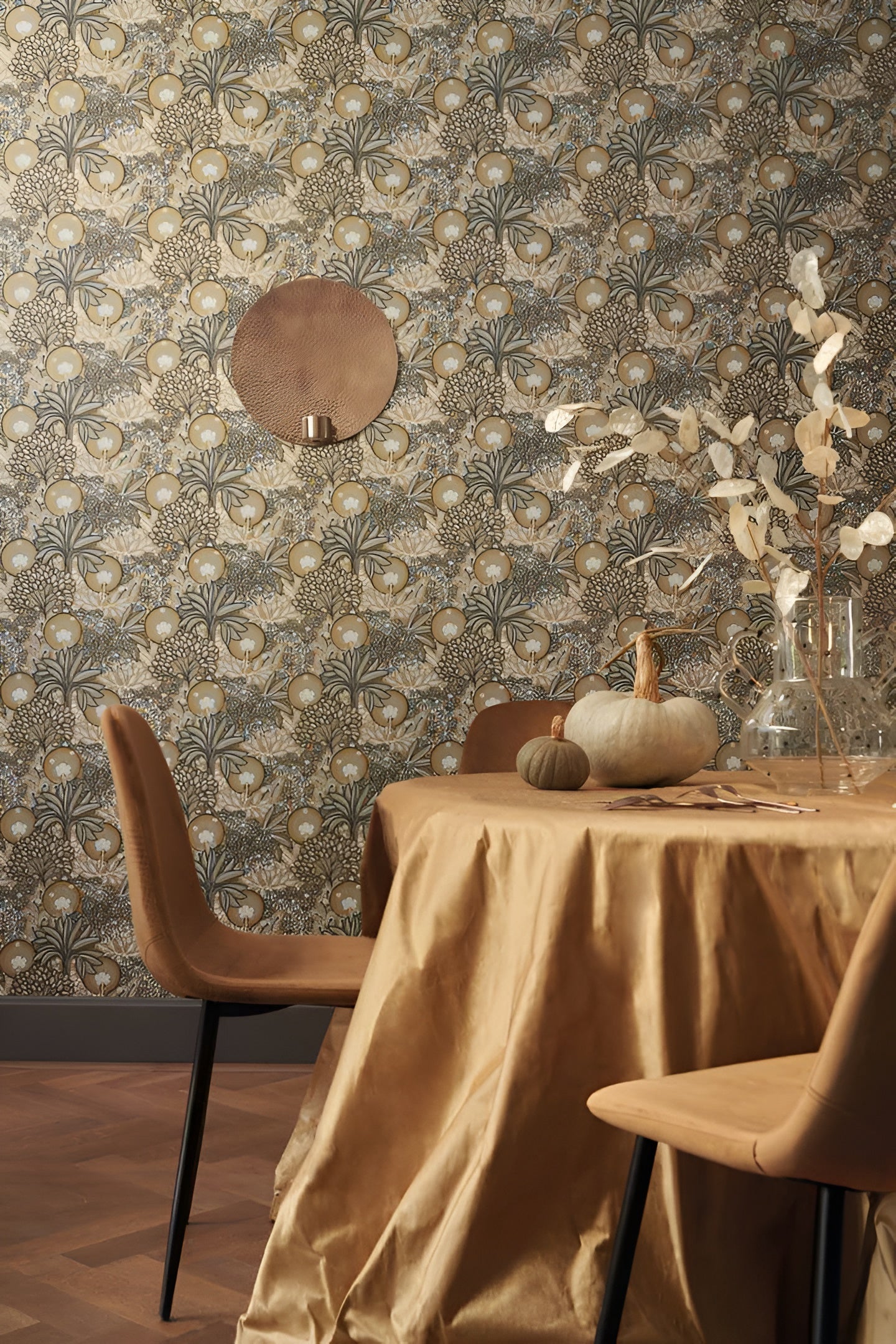 PERSEE Plant-Themed Wallpaper - NOIR/CUIVRE muted blue with beige